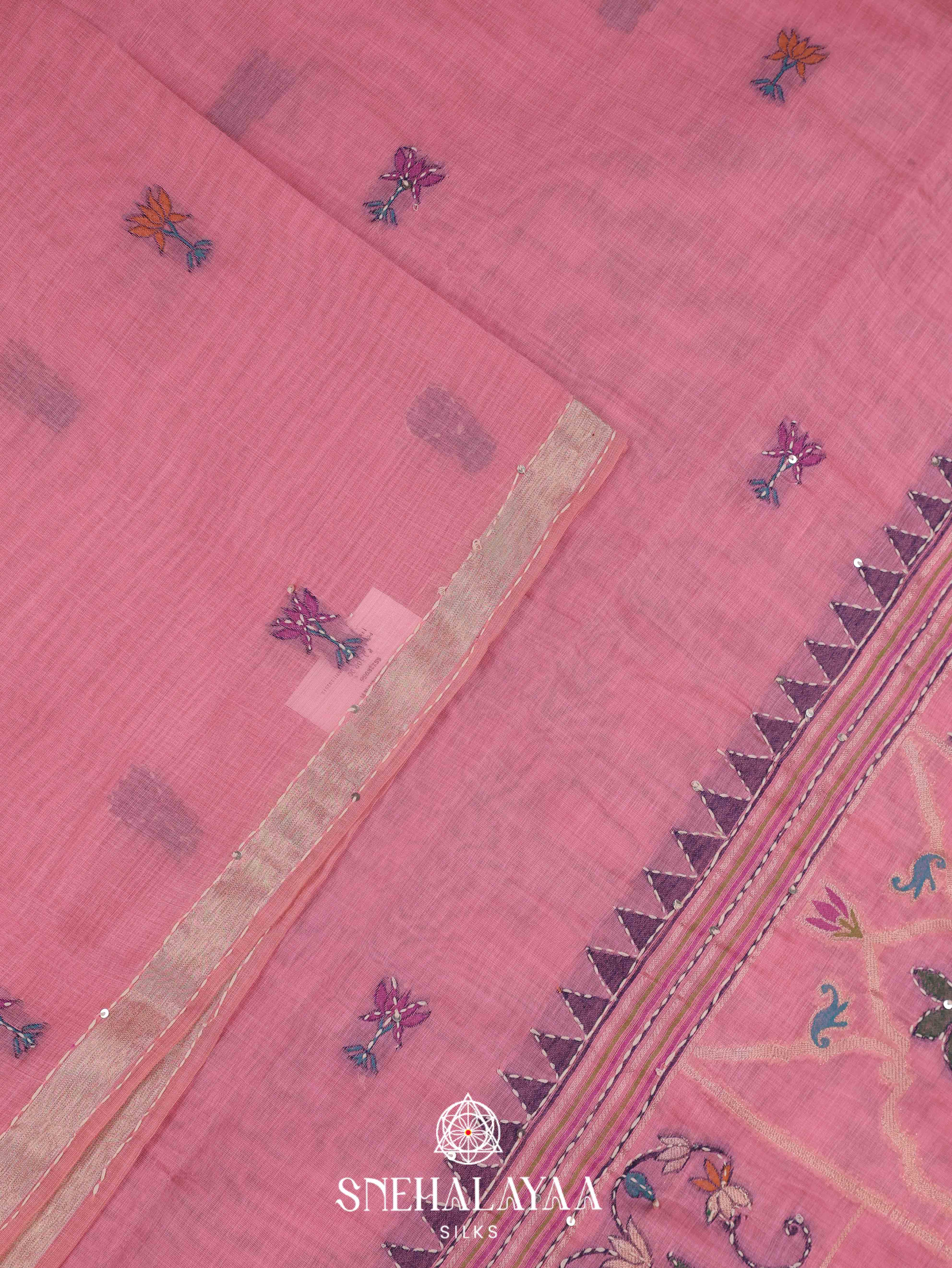 Pink Munga Cotton Embroidery Saree