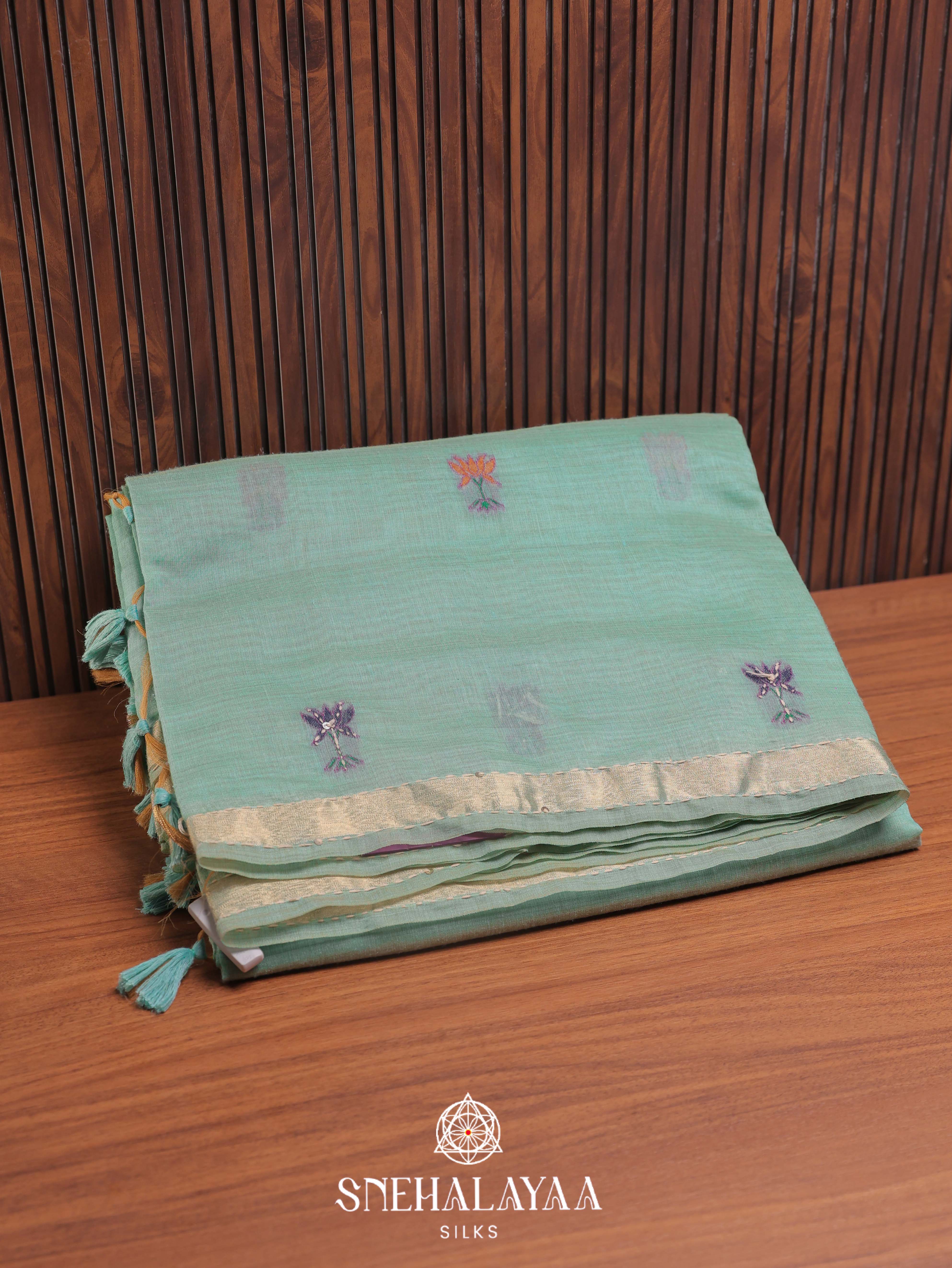 Teal Blue Munga Cotton Embroidery Saree