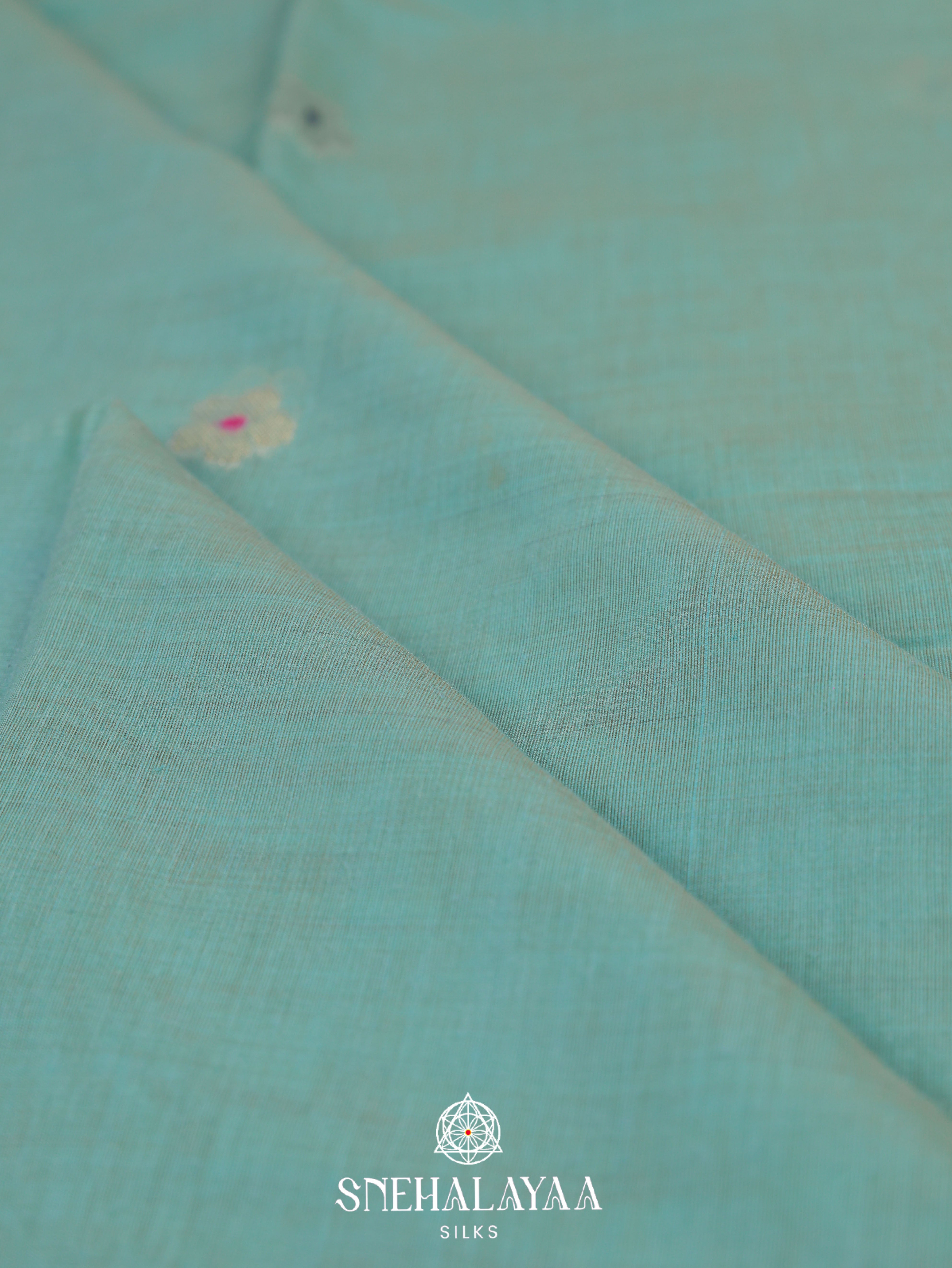 Teal Blue Munga Cotton Embroidery Saree