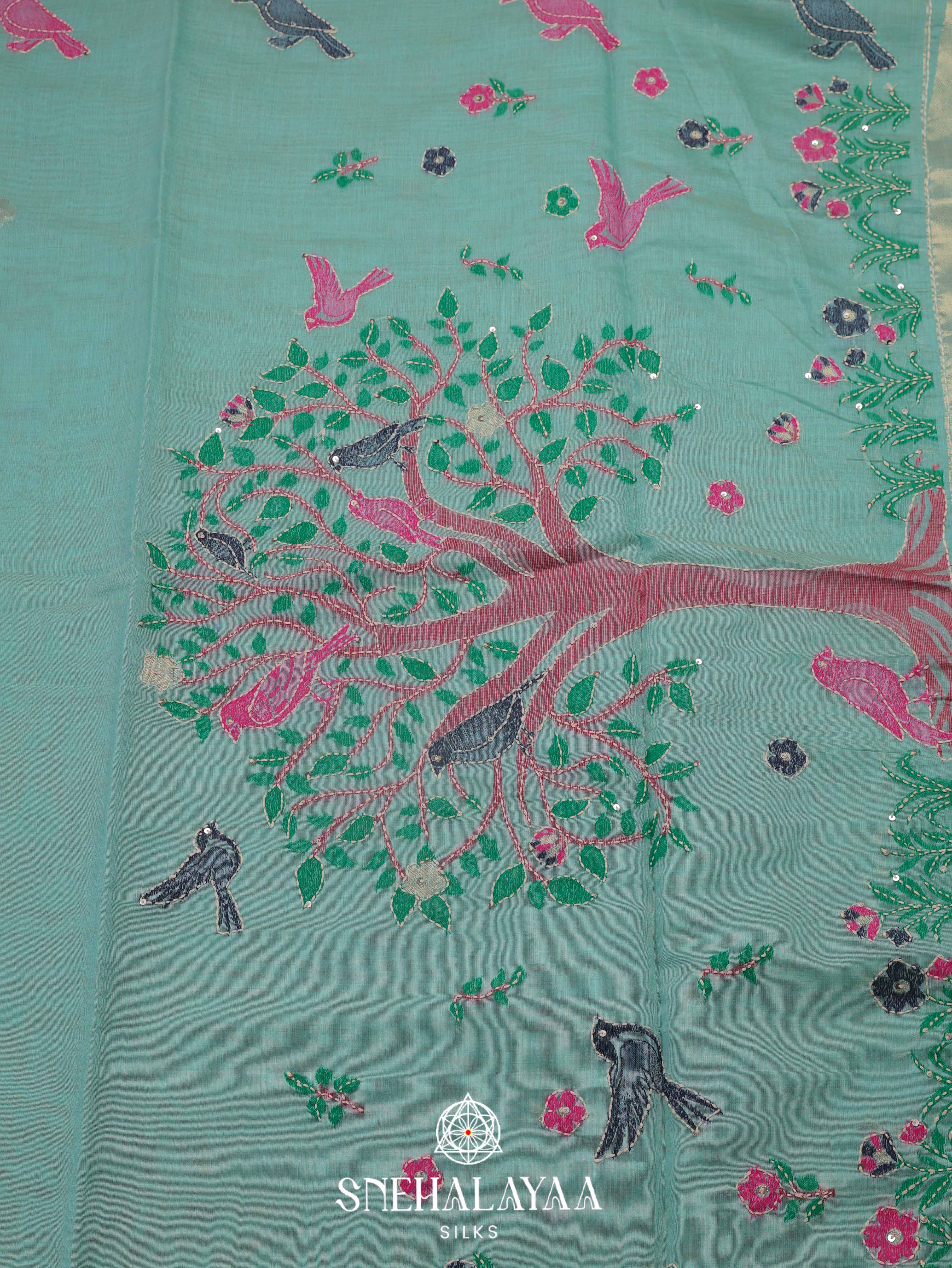 Teal Blue Munga Cotton Embroidery Saree