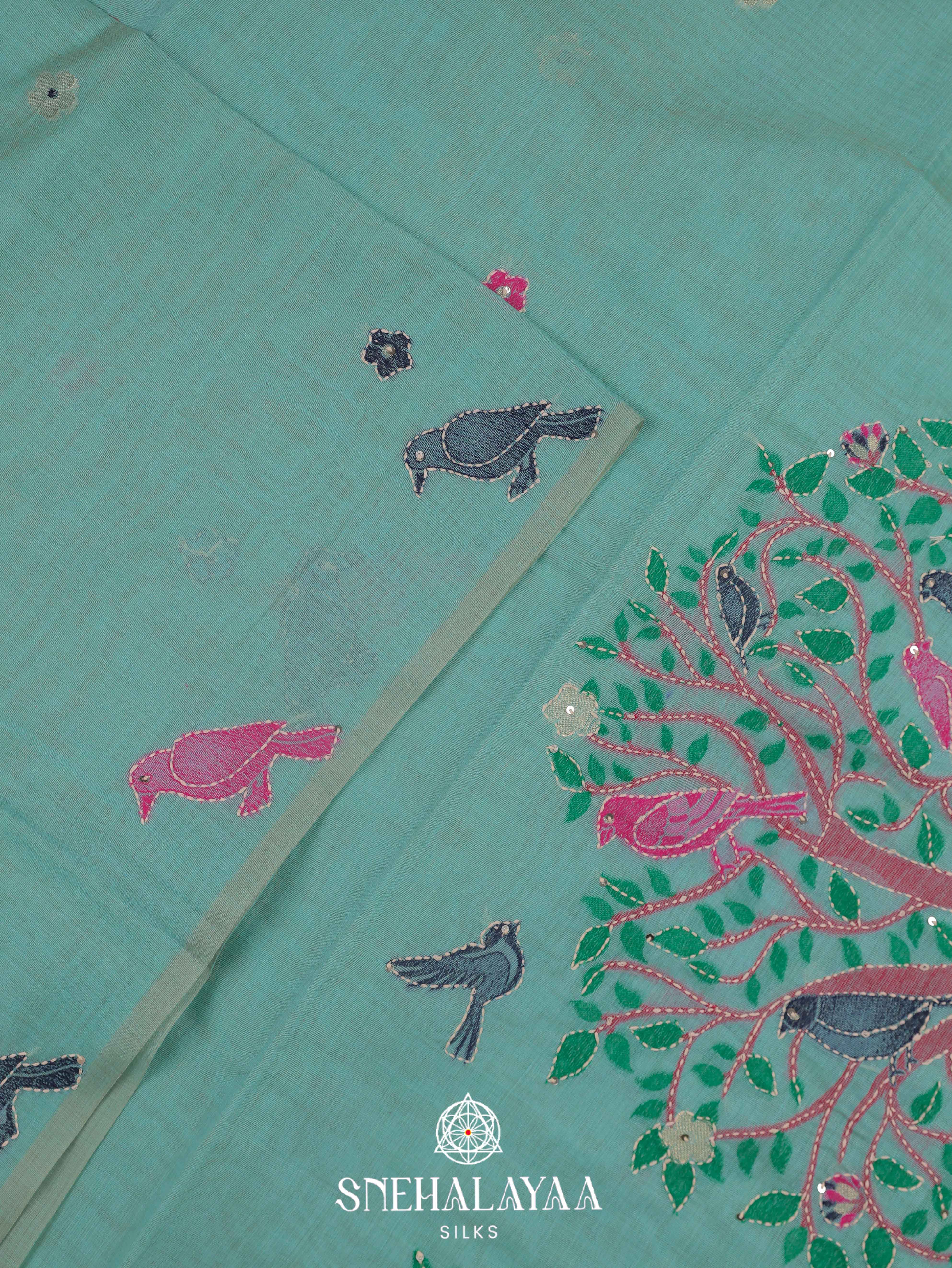 Teal Blue Munga Cotton Embroidery Saree
