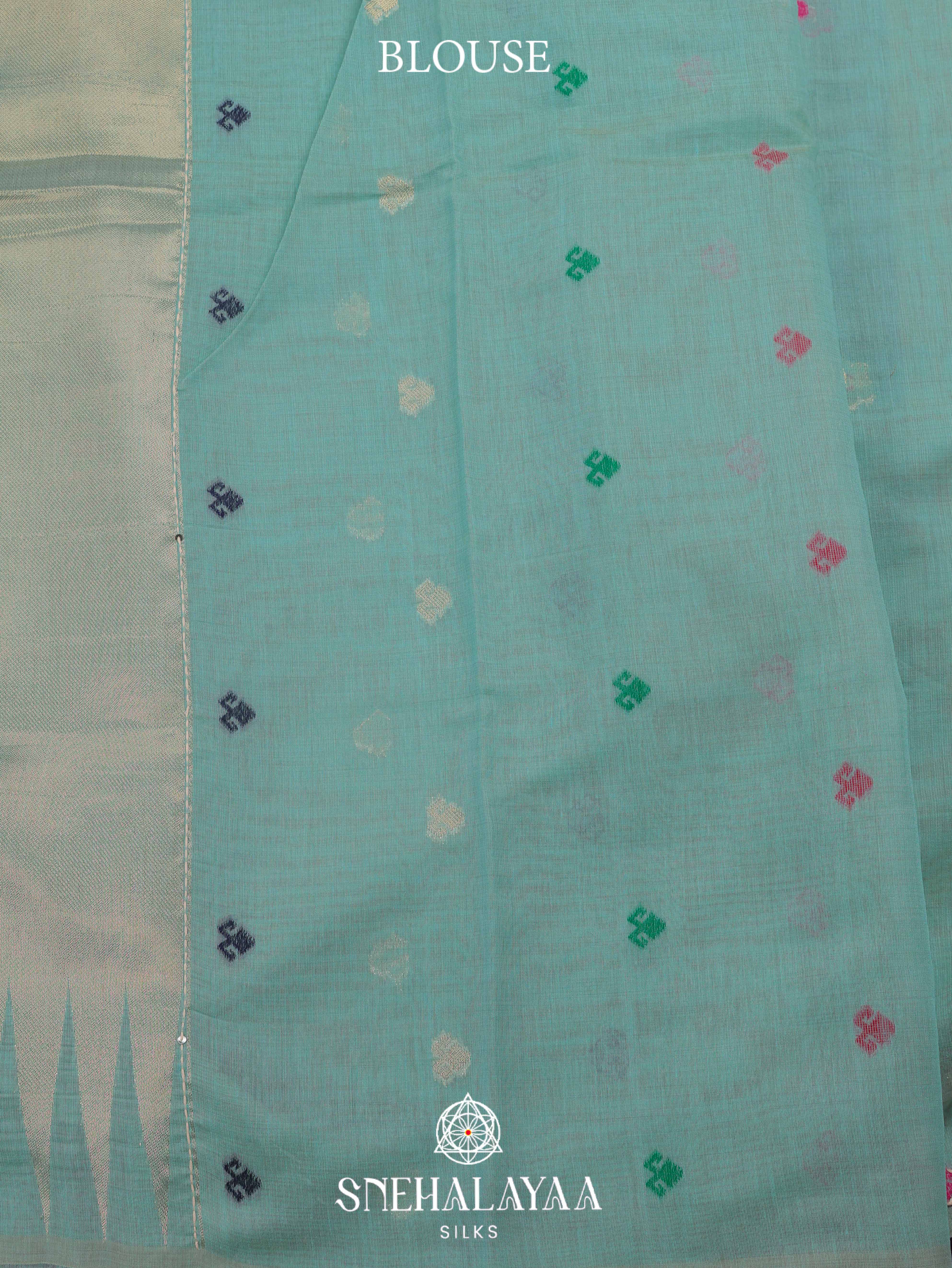 Teal Blue Munga Cotton Embroidery Saree