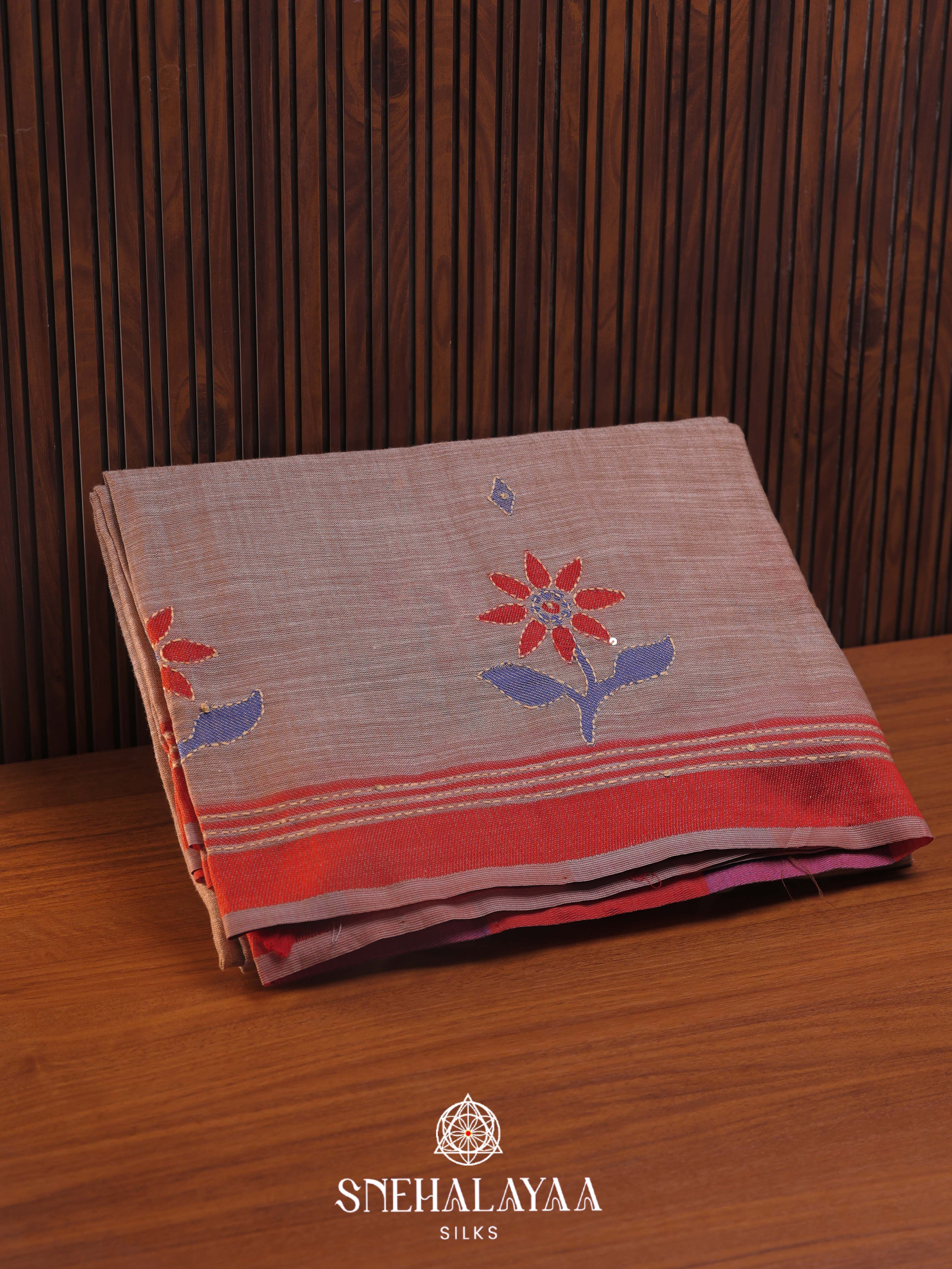 Peach Linen Embroidery Saree