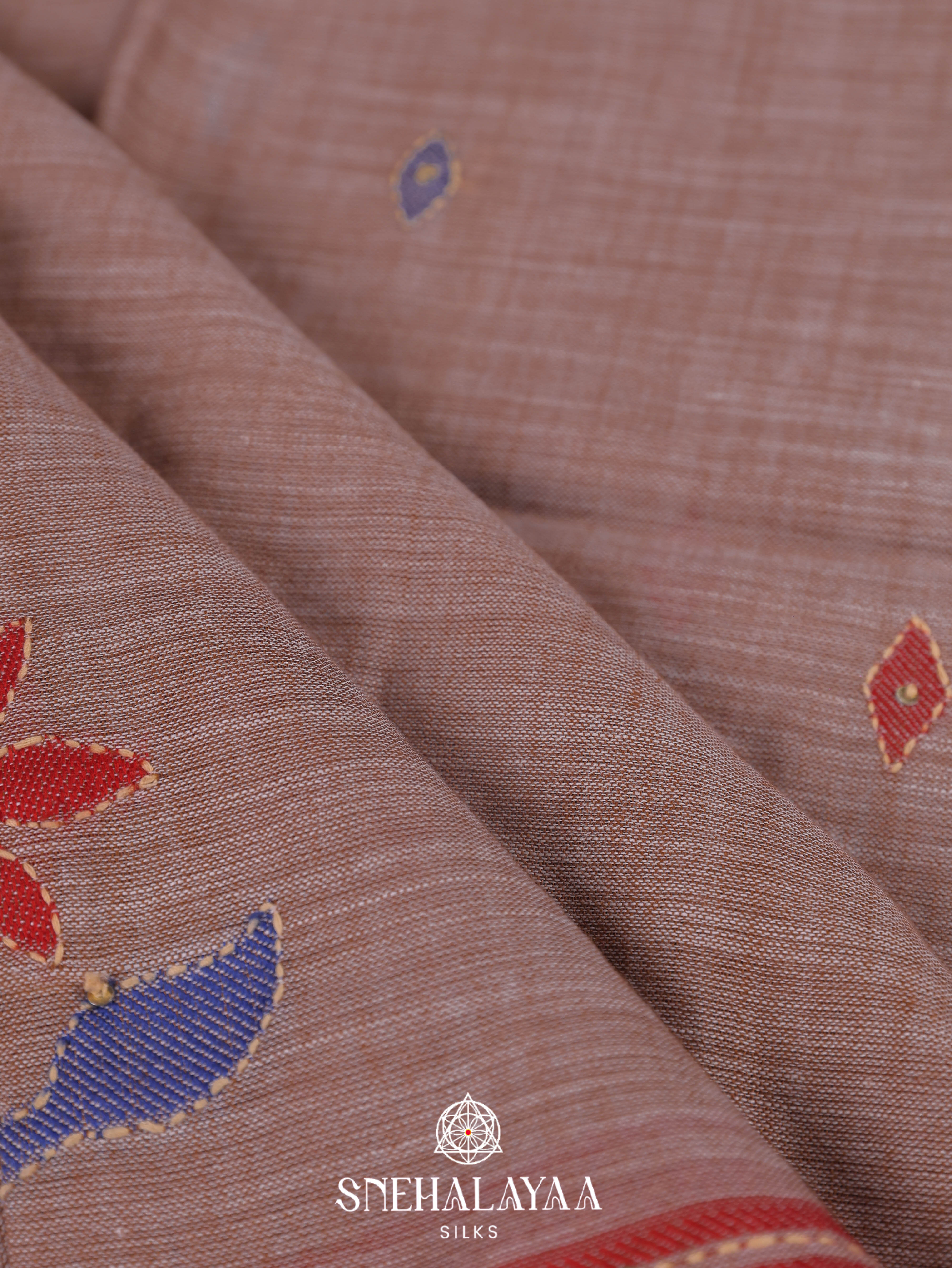 Peach Linen Embroidery Saree