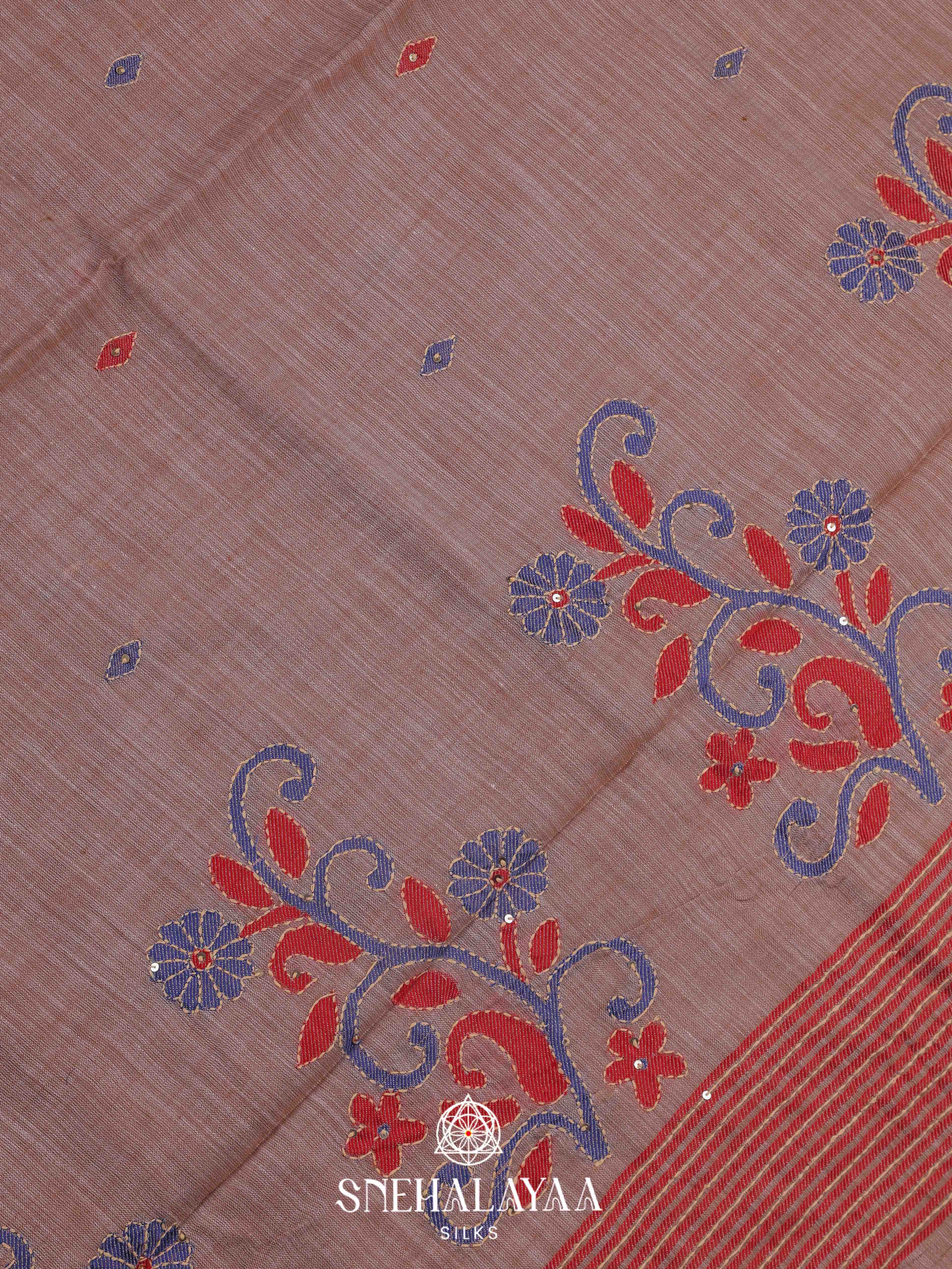 Peach Linen Embroidery Saree