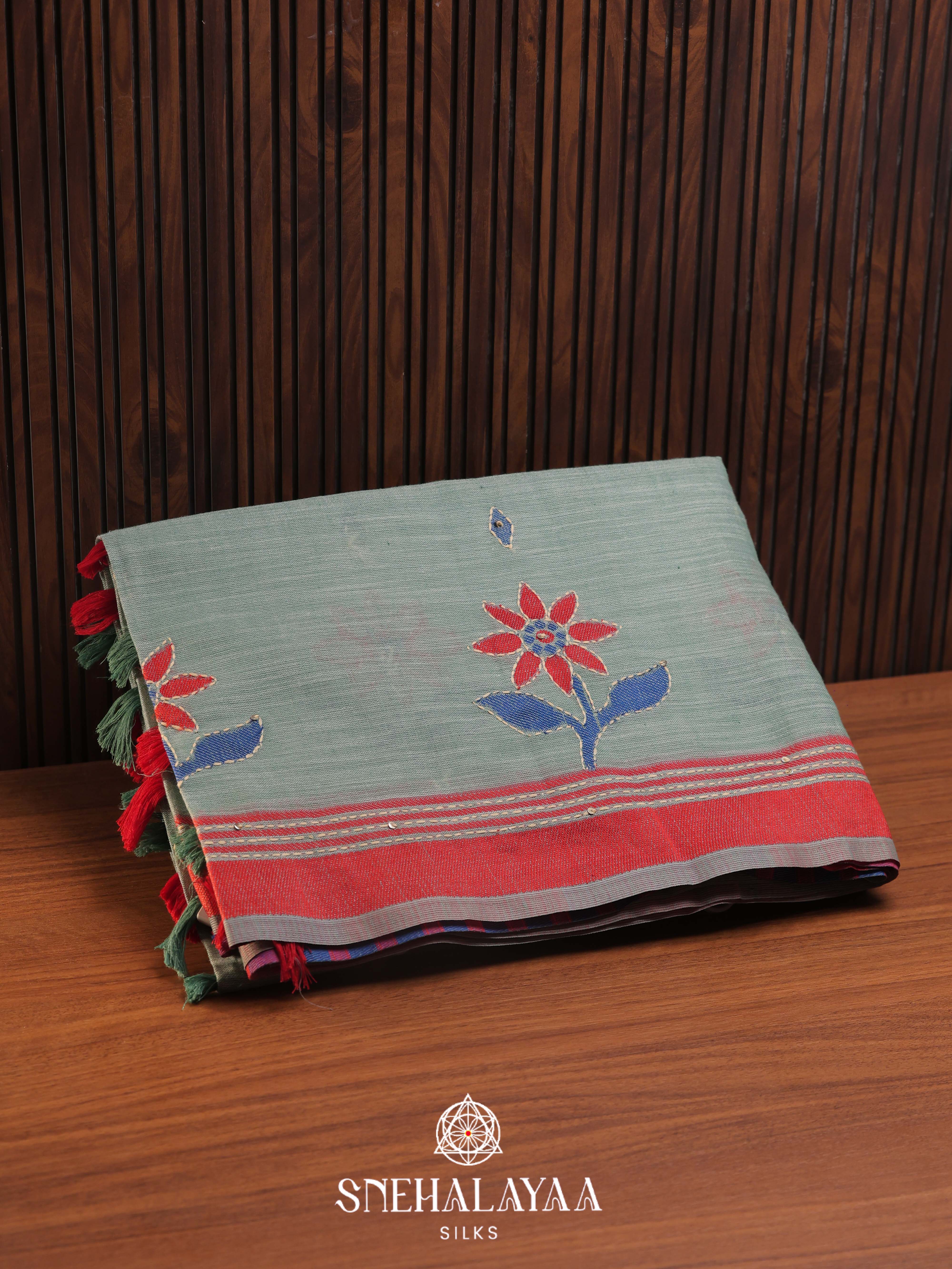 Blue  Linen Embroidery Saree