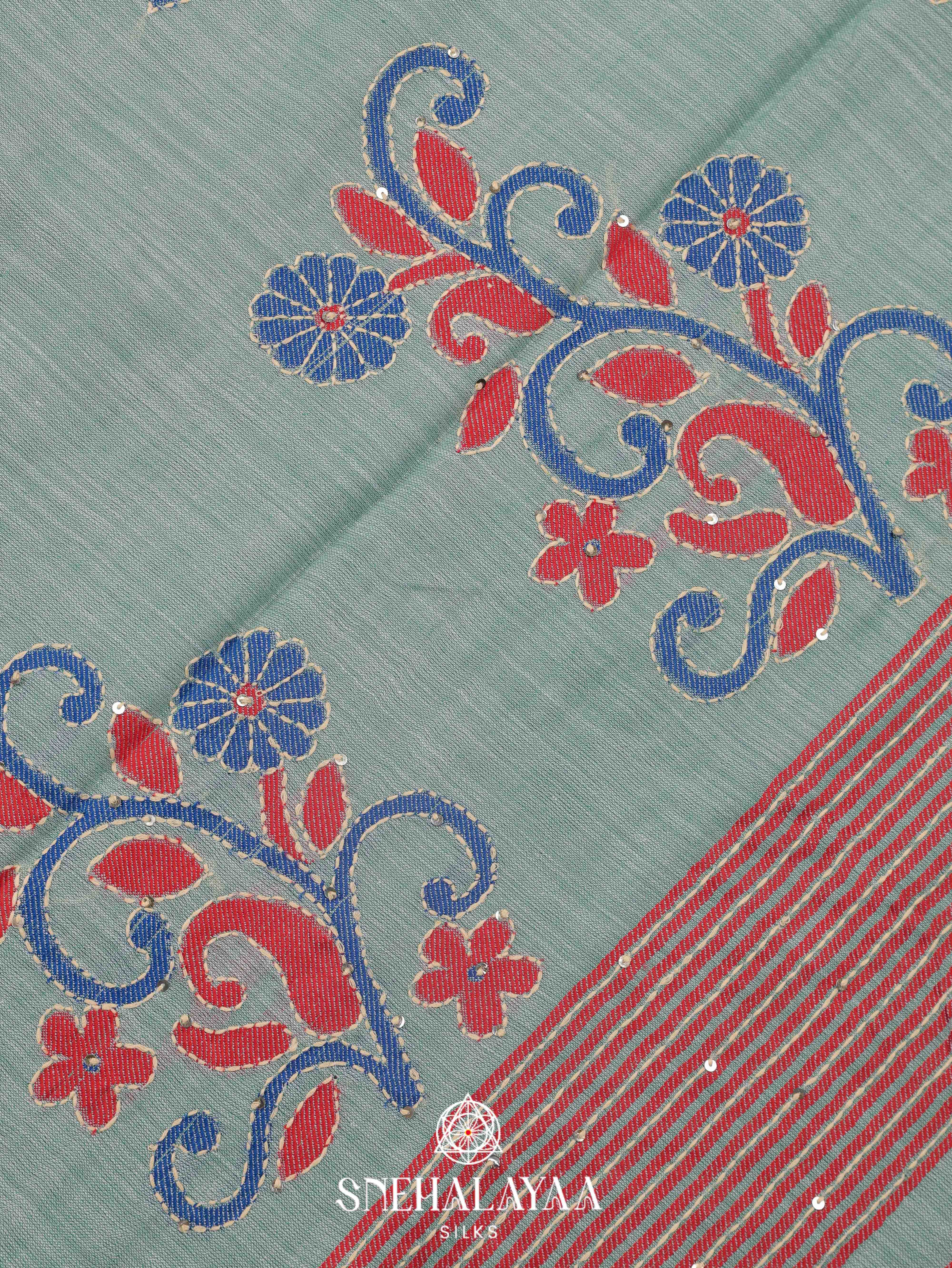 Blue  Linen Embroidery Saree