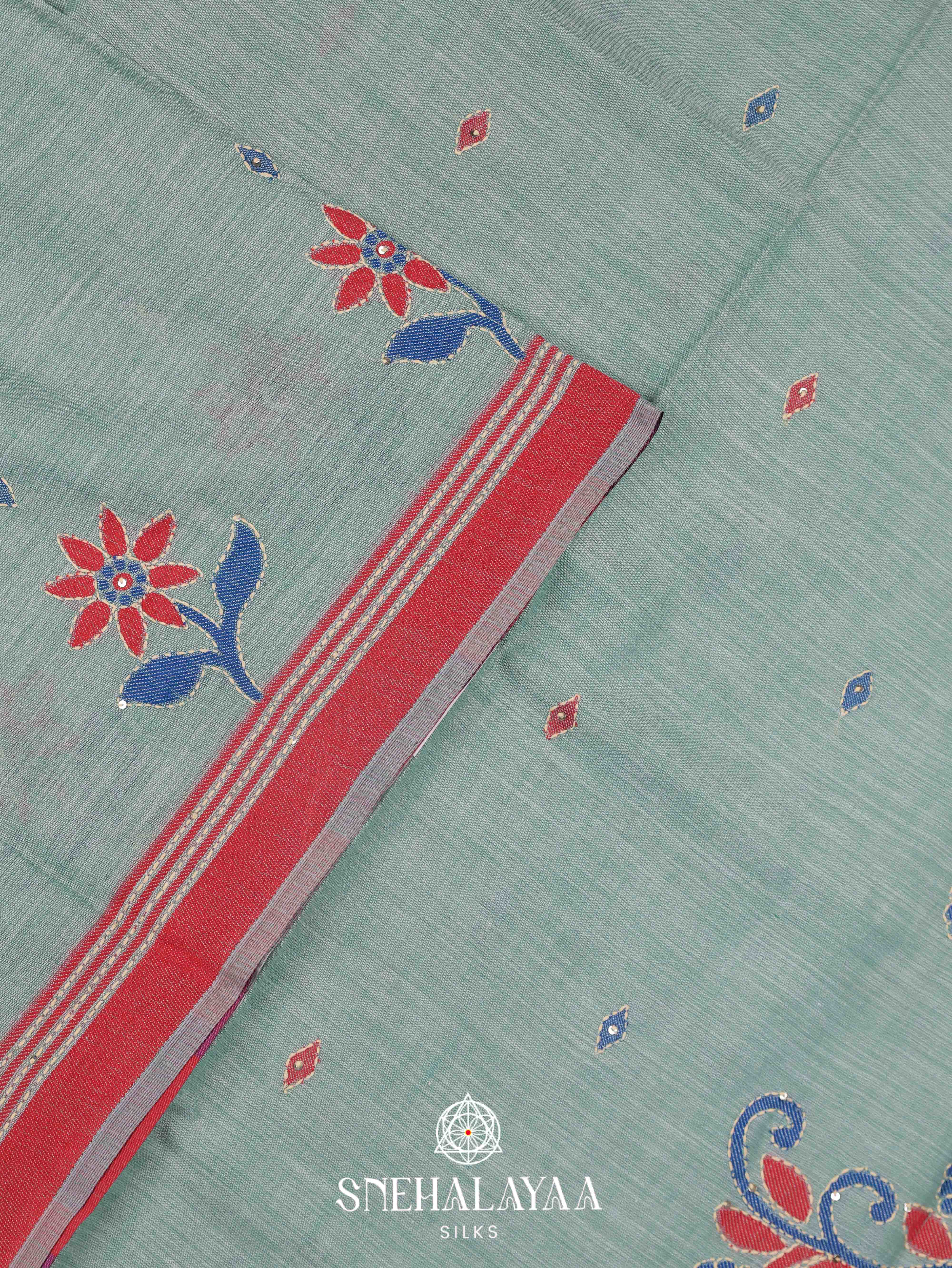 Blue  Linen Embroidery Saree