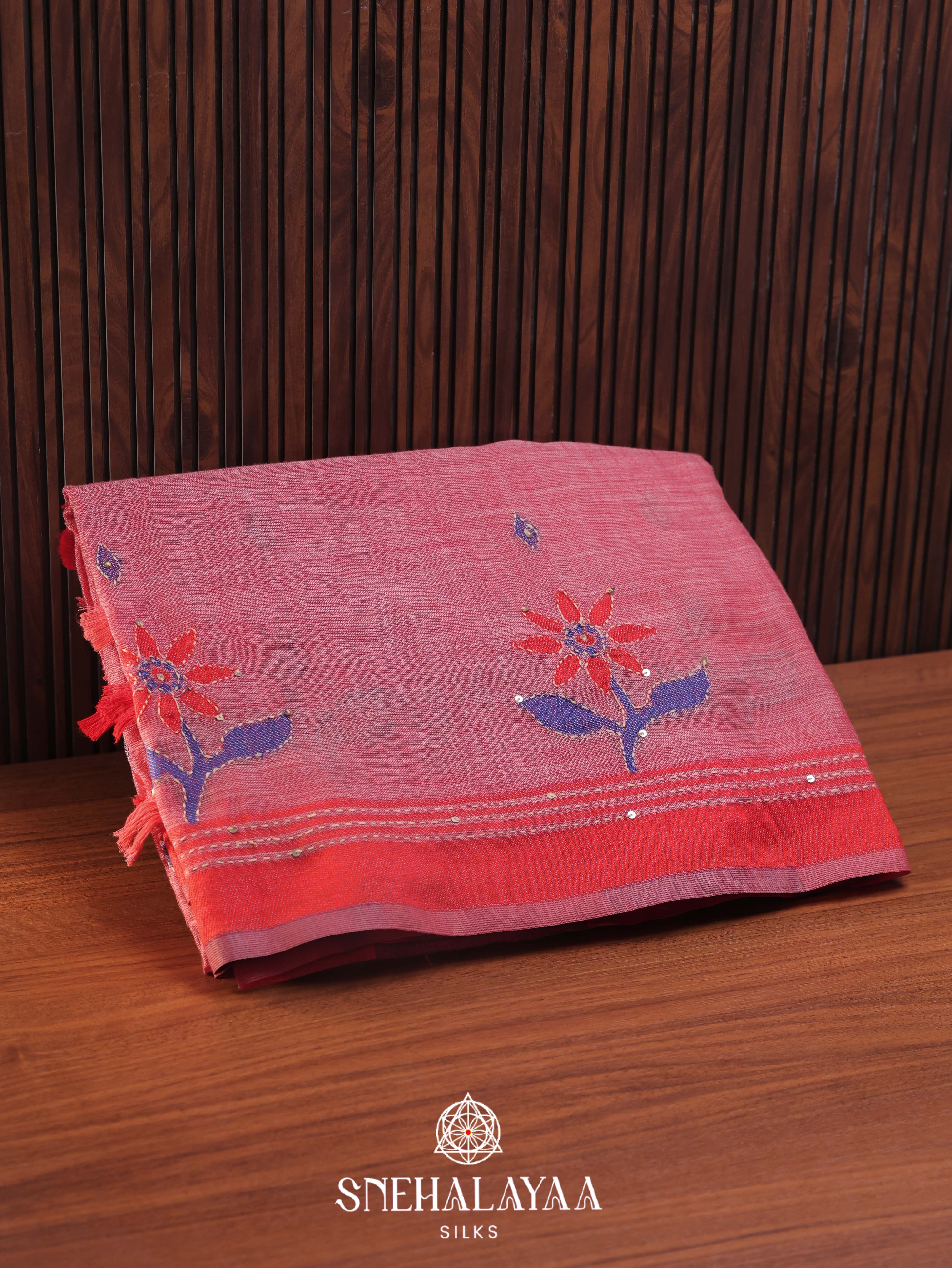 Pink Linen Embroidery Saree
