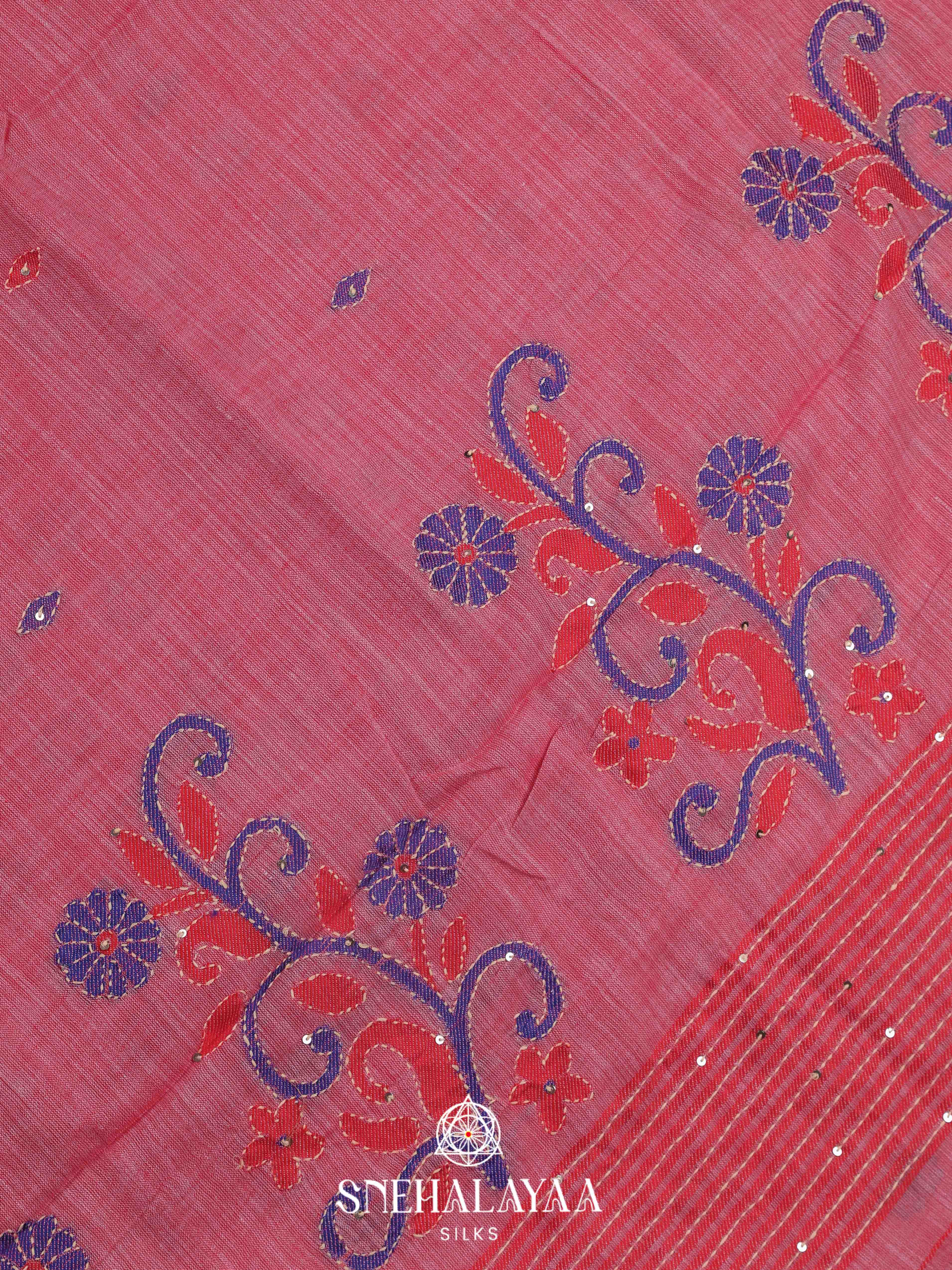 Pink Linen Embroidery Saree