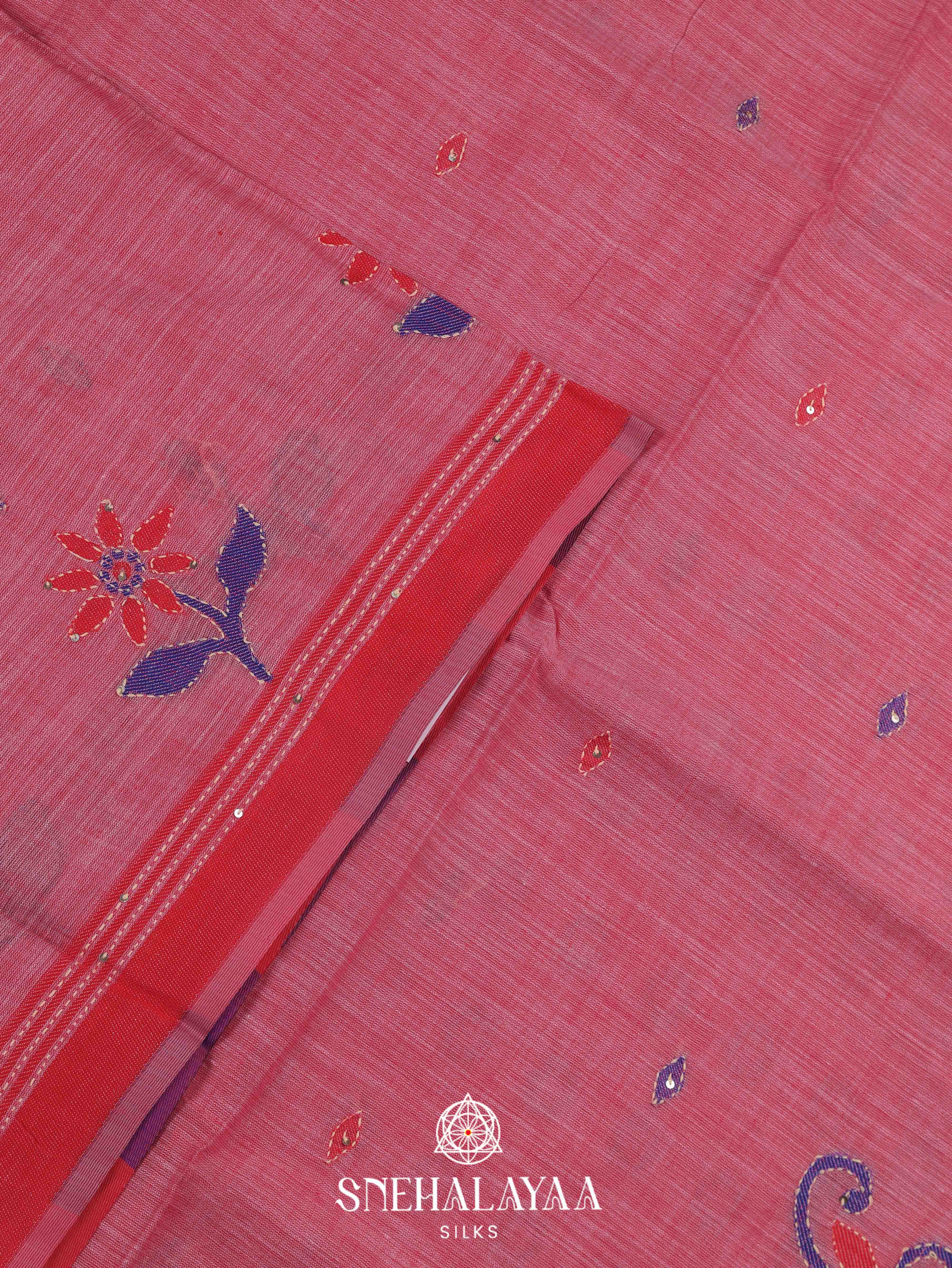 Pink Linen Embroidery Saree