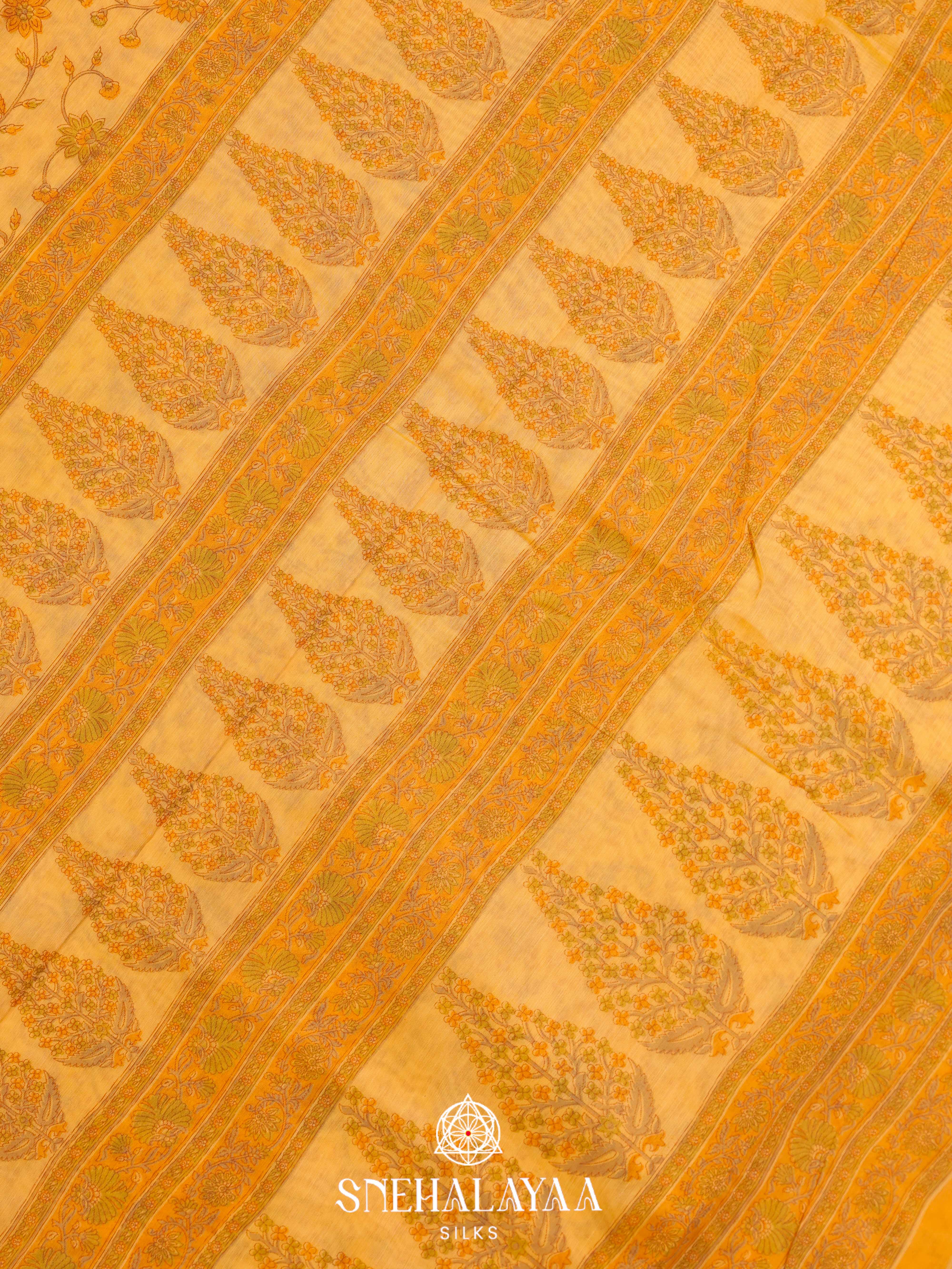Mango Yelow Printed Linen Saree
