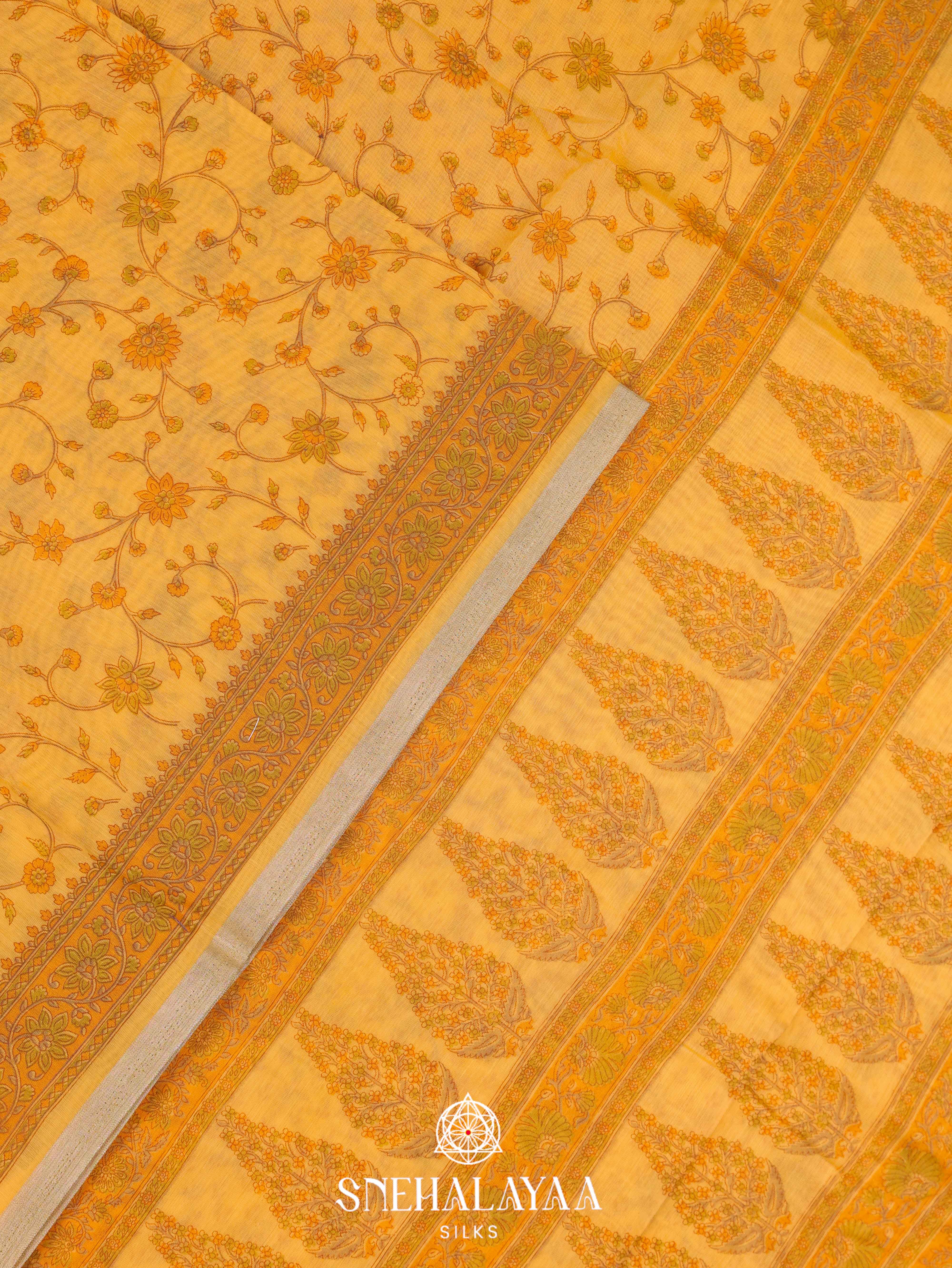 Mango Yelow Printed Linen Saree