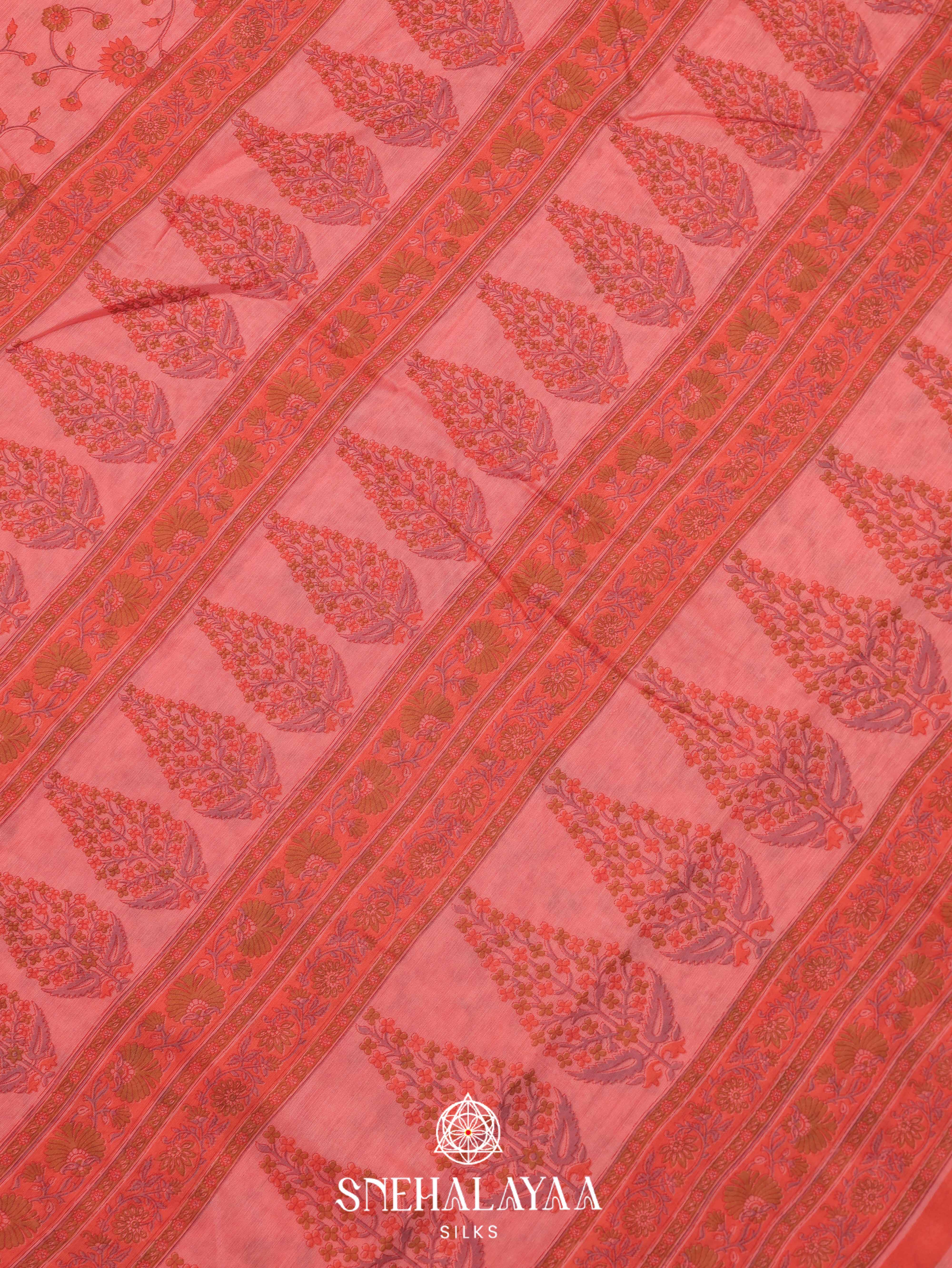 Peach Printed Linen Saree