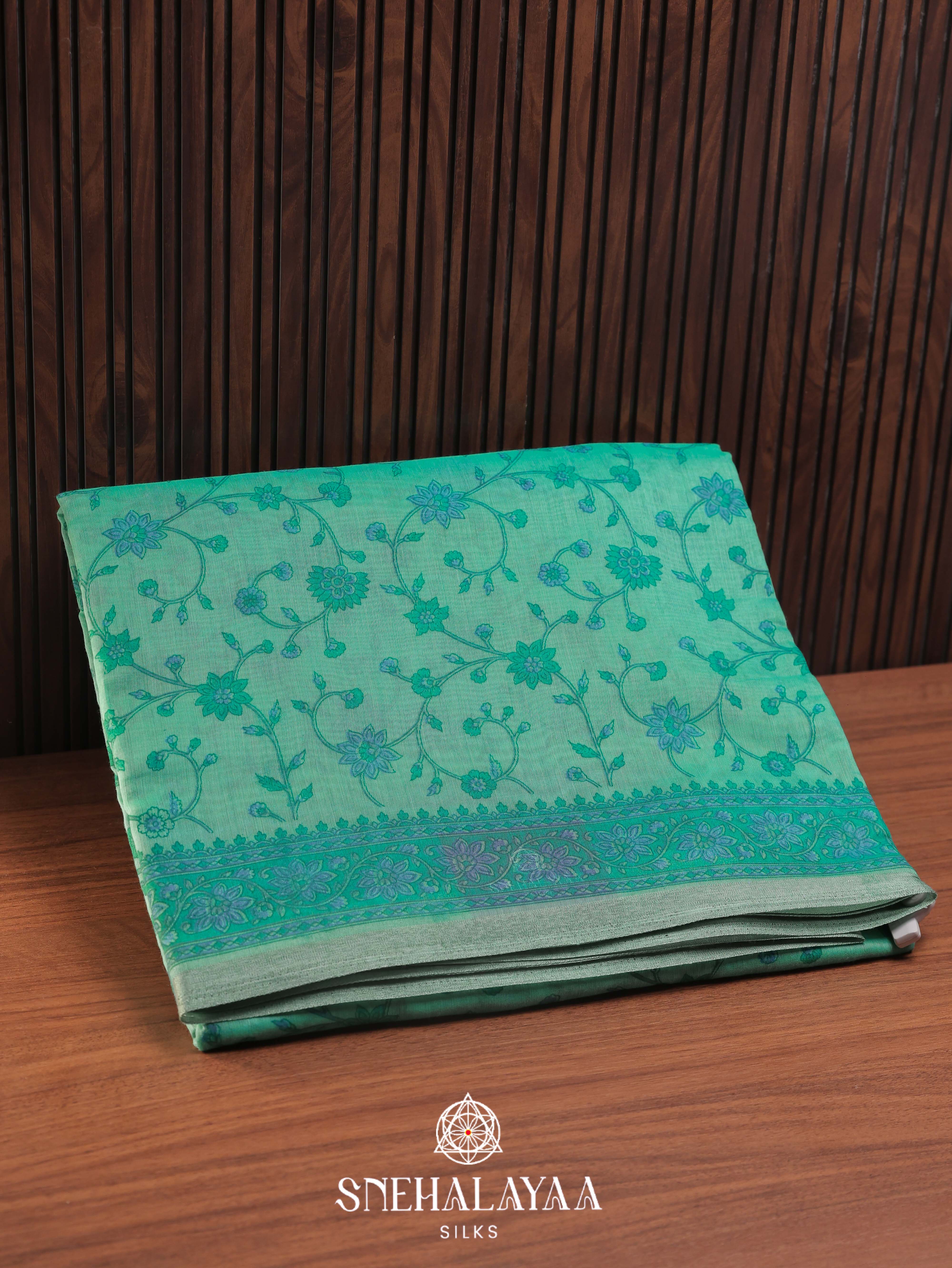 Teal Green Printed Linen Saree