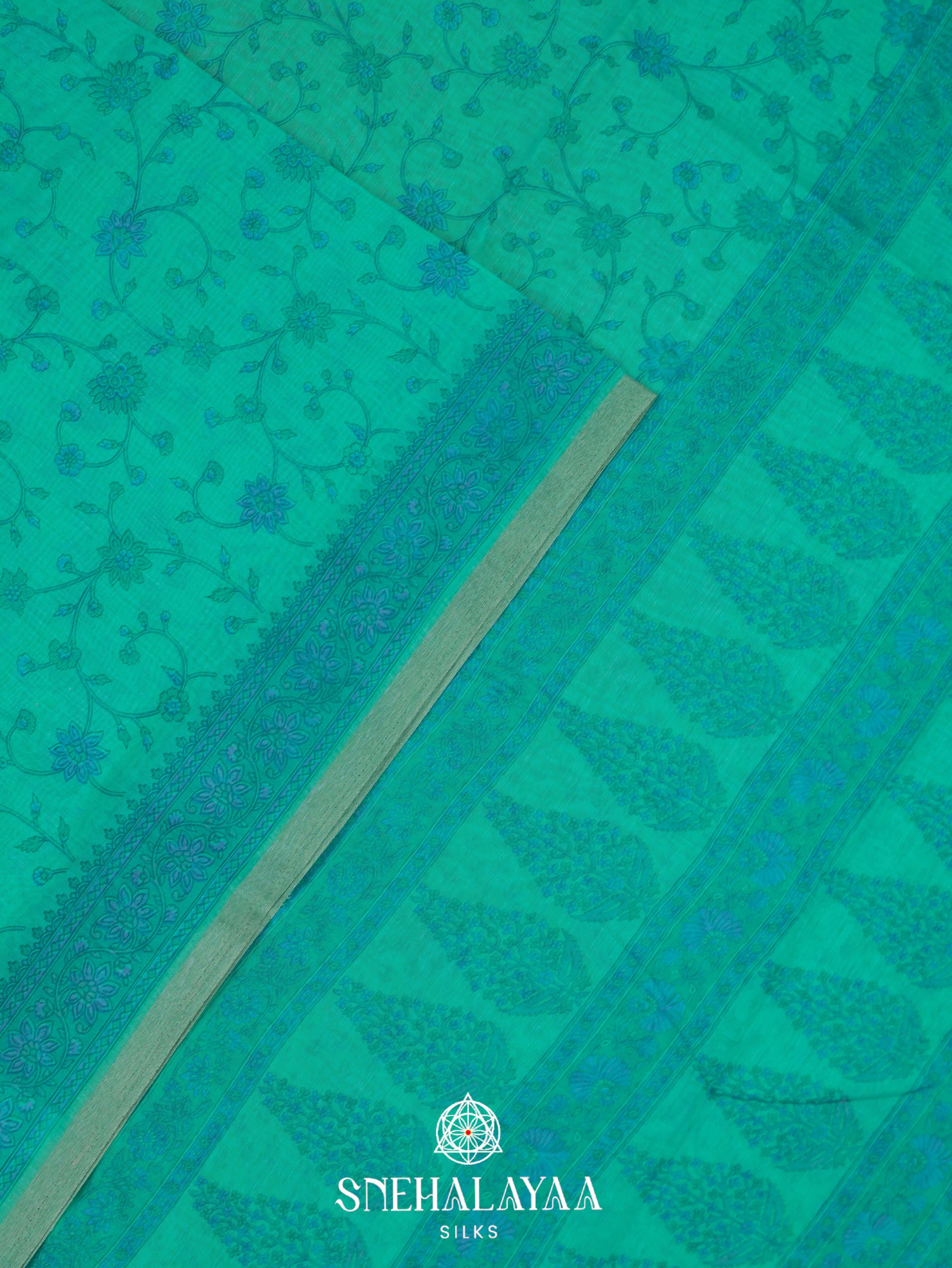 Teal Green Printed Linen Saree