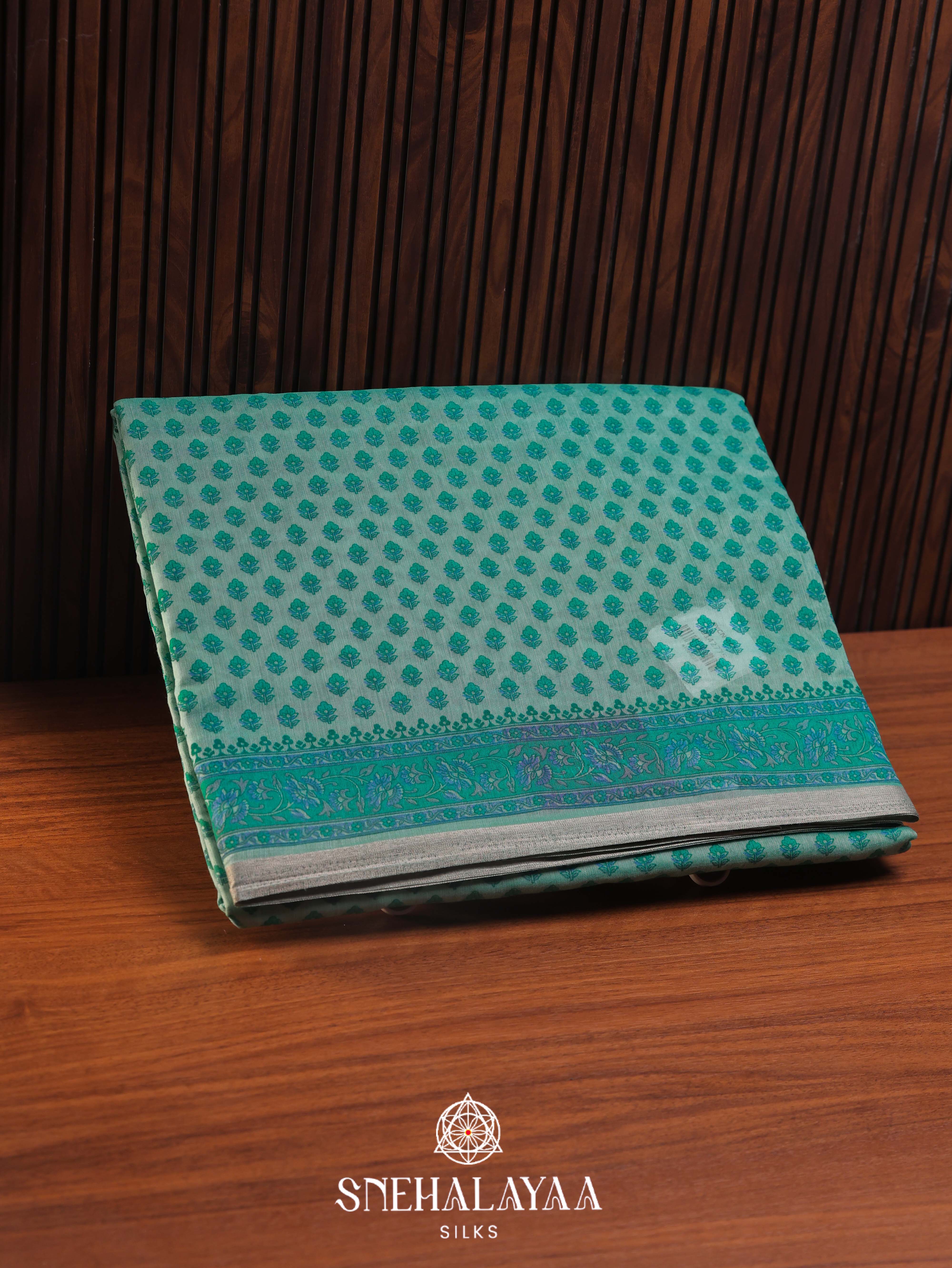 Teal Green Printed Linen Saree