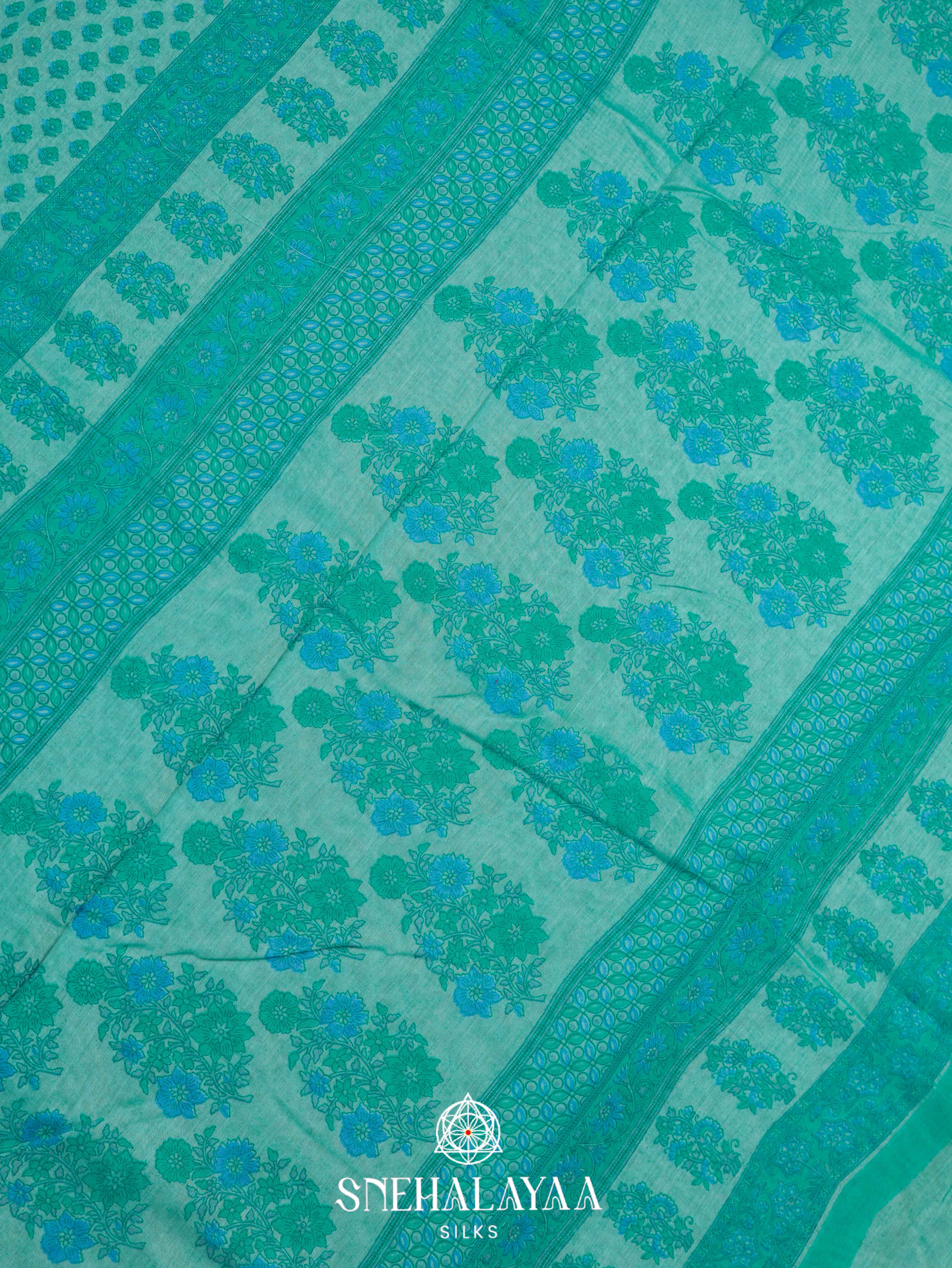 Teal Green Printed Linen Saree