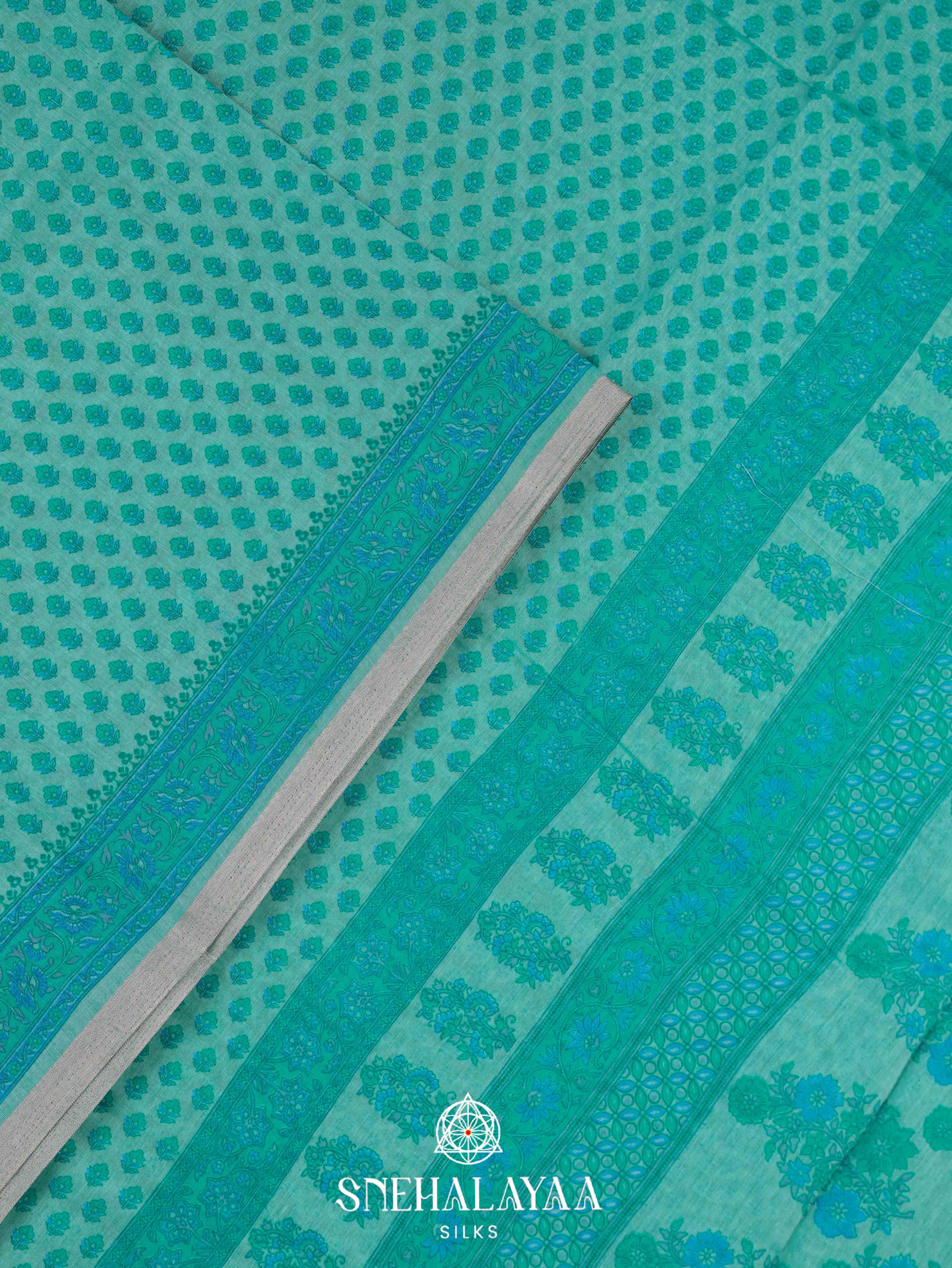 Teal Green Printed Linen Saree