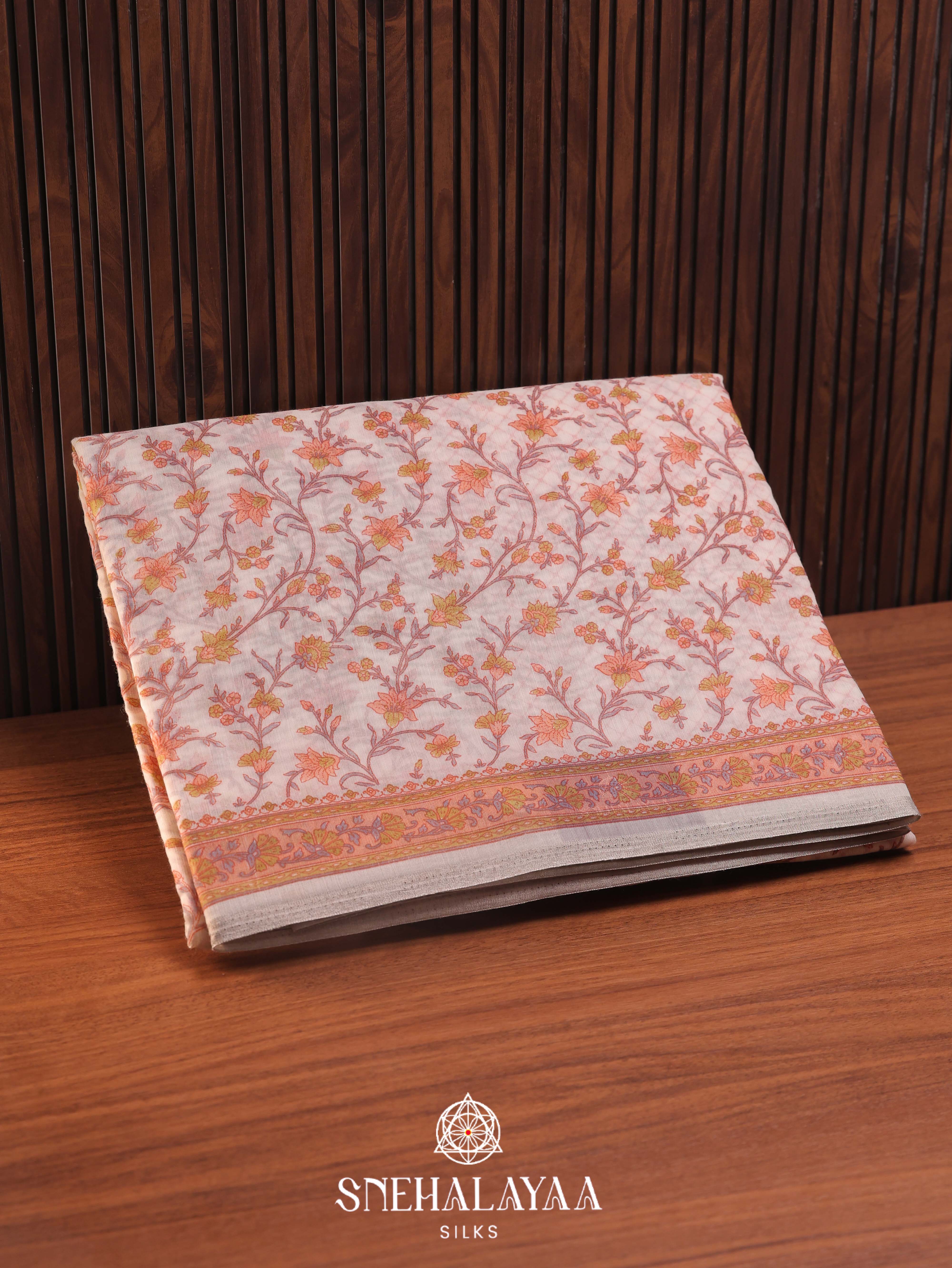 Off White Printed Linen Saree