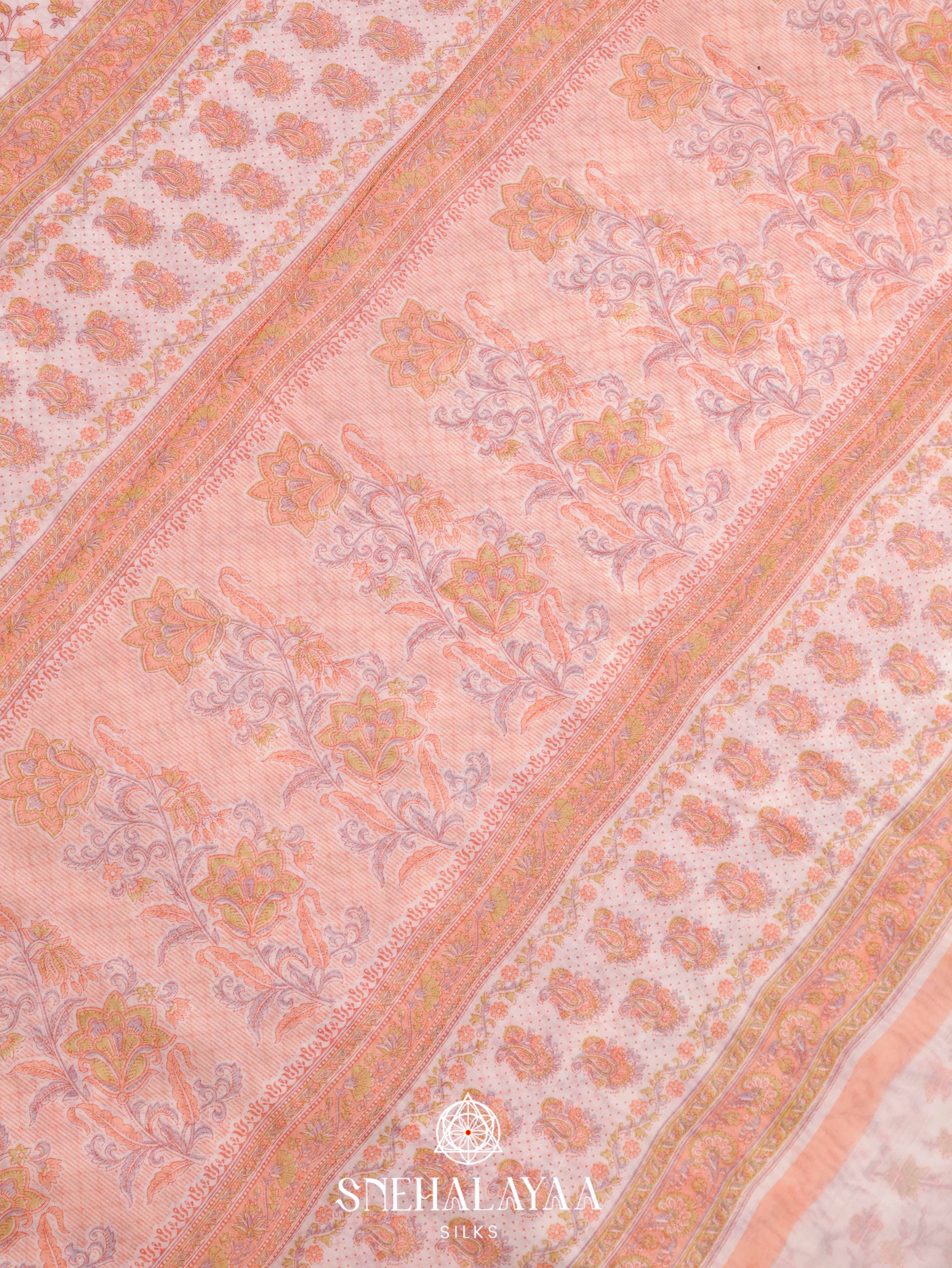 Off White Printed Linen Saree