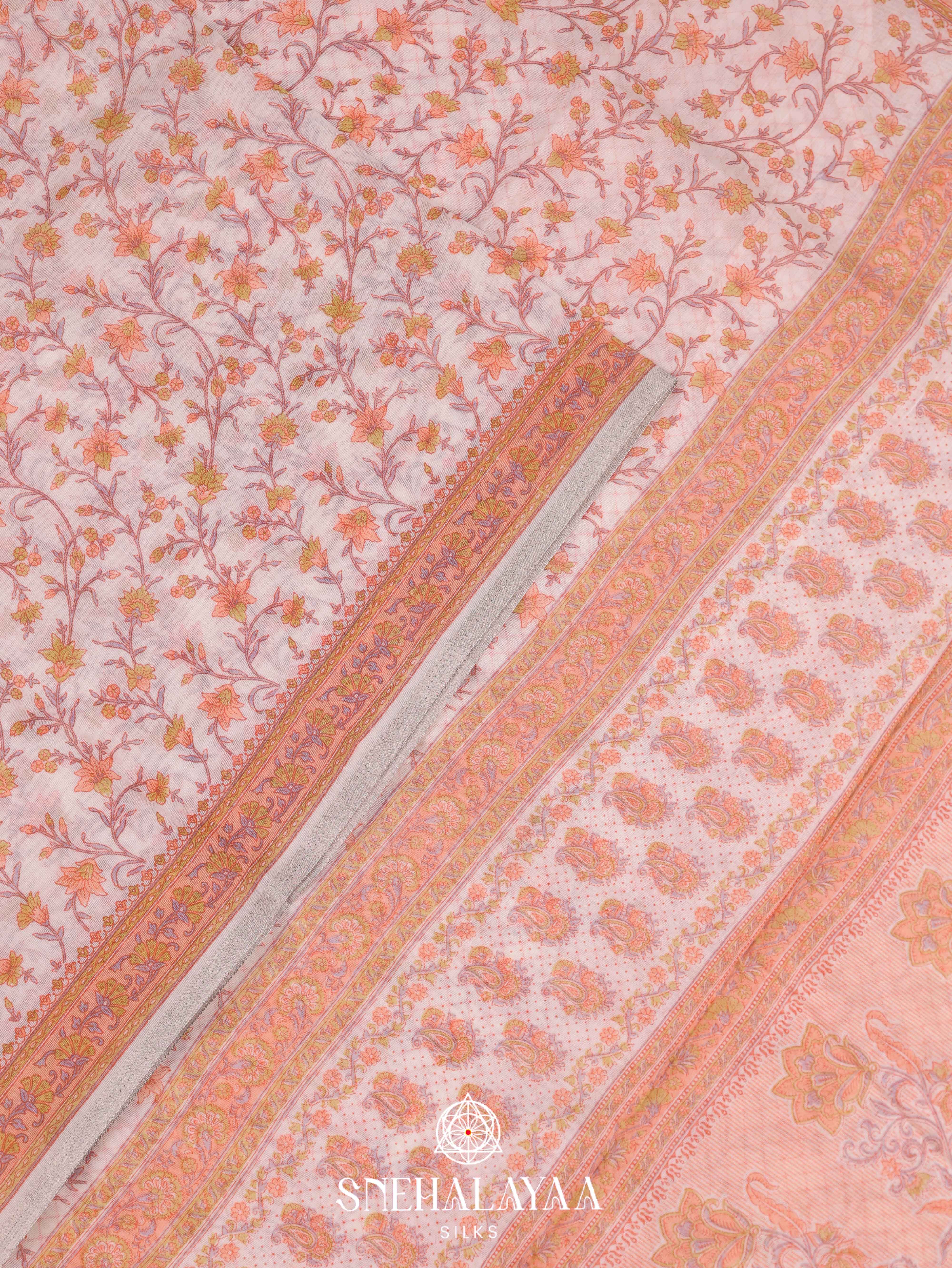 Off White Printed Linen Saree