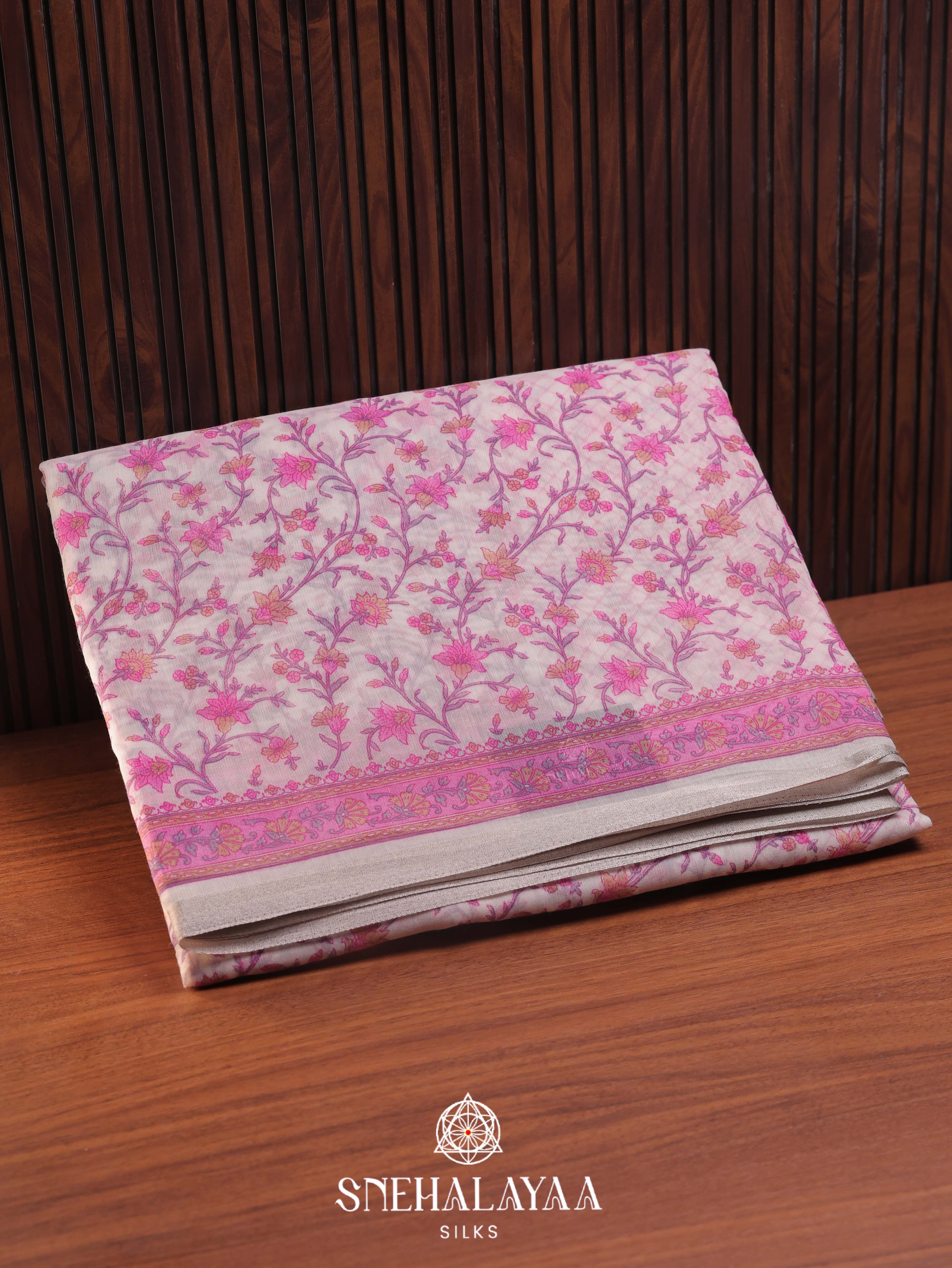 Off White Printed Linen Saree