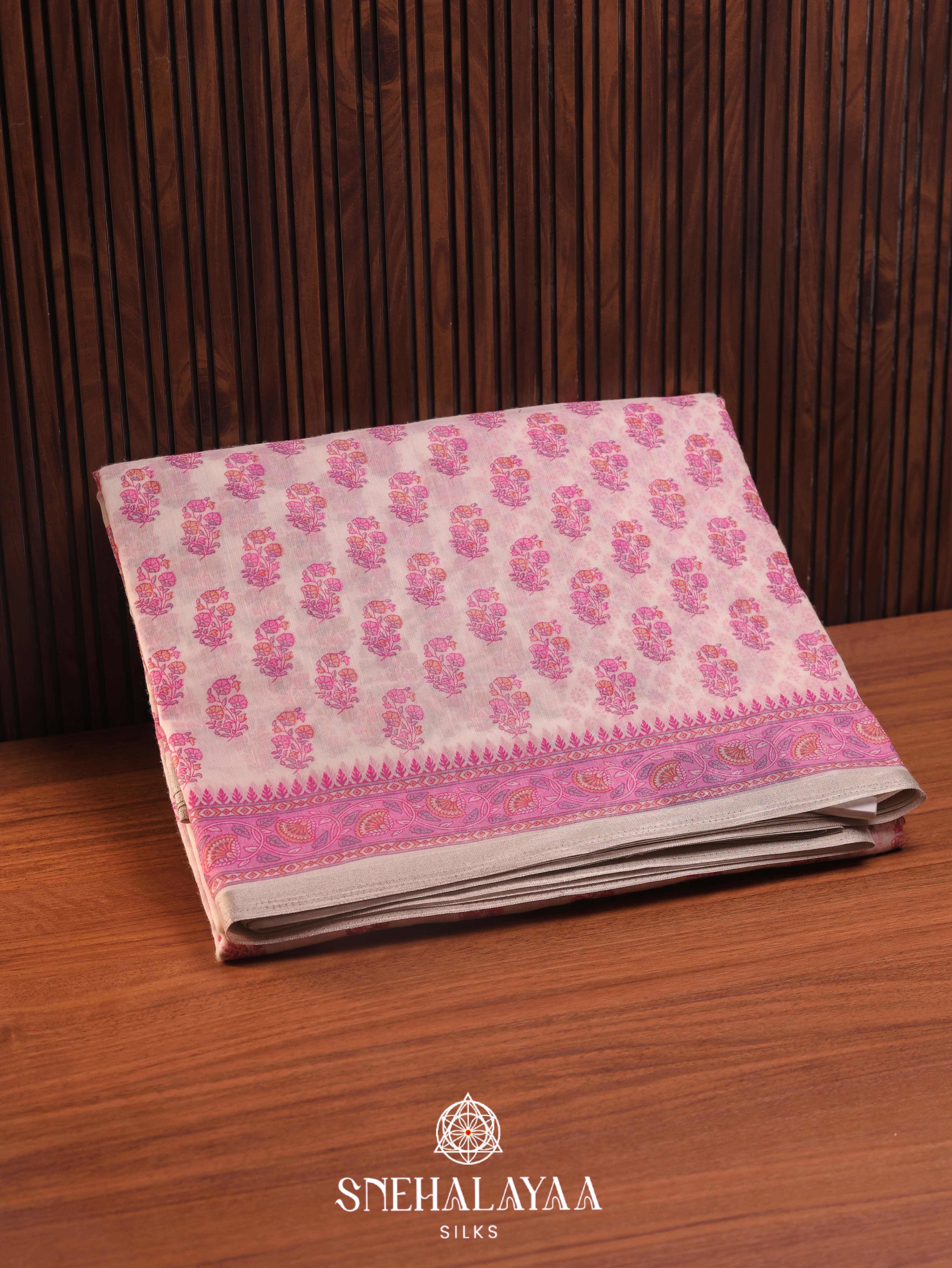 Off White Printed Linen Saree