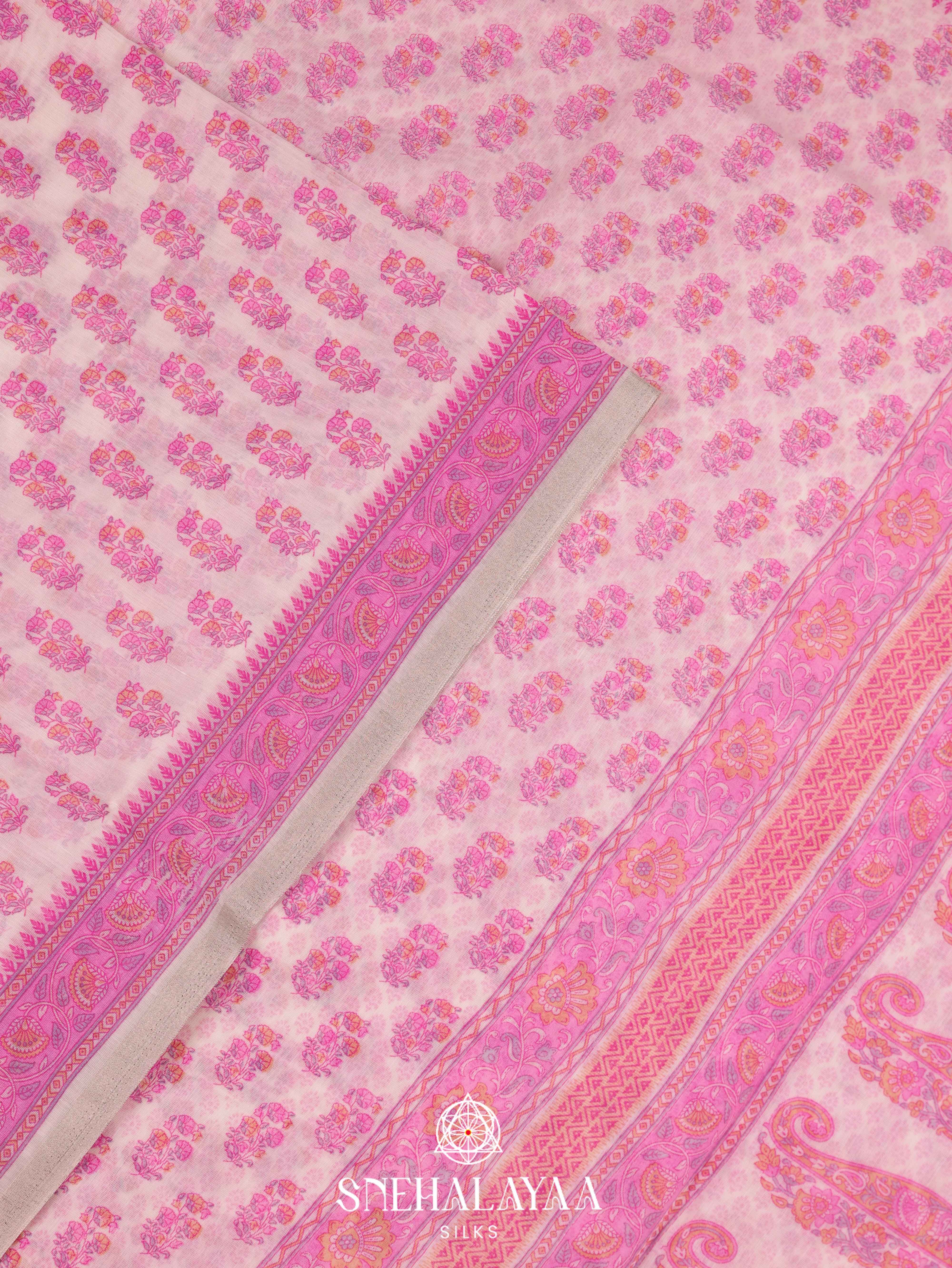 Off White Printed Linen Saree