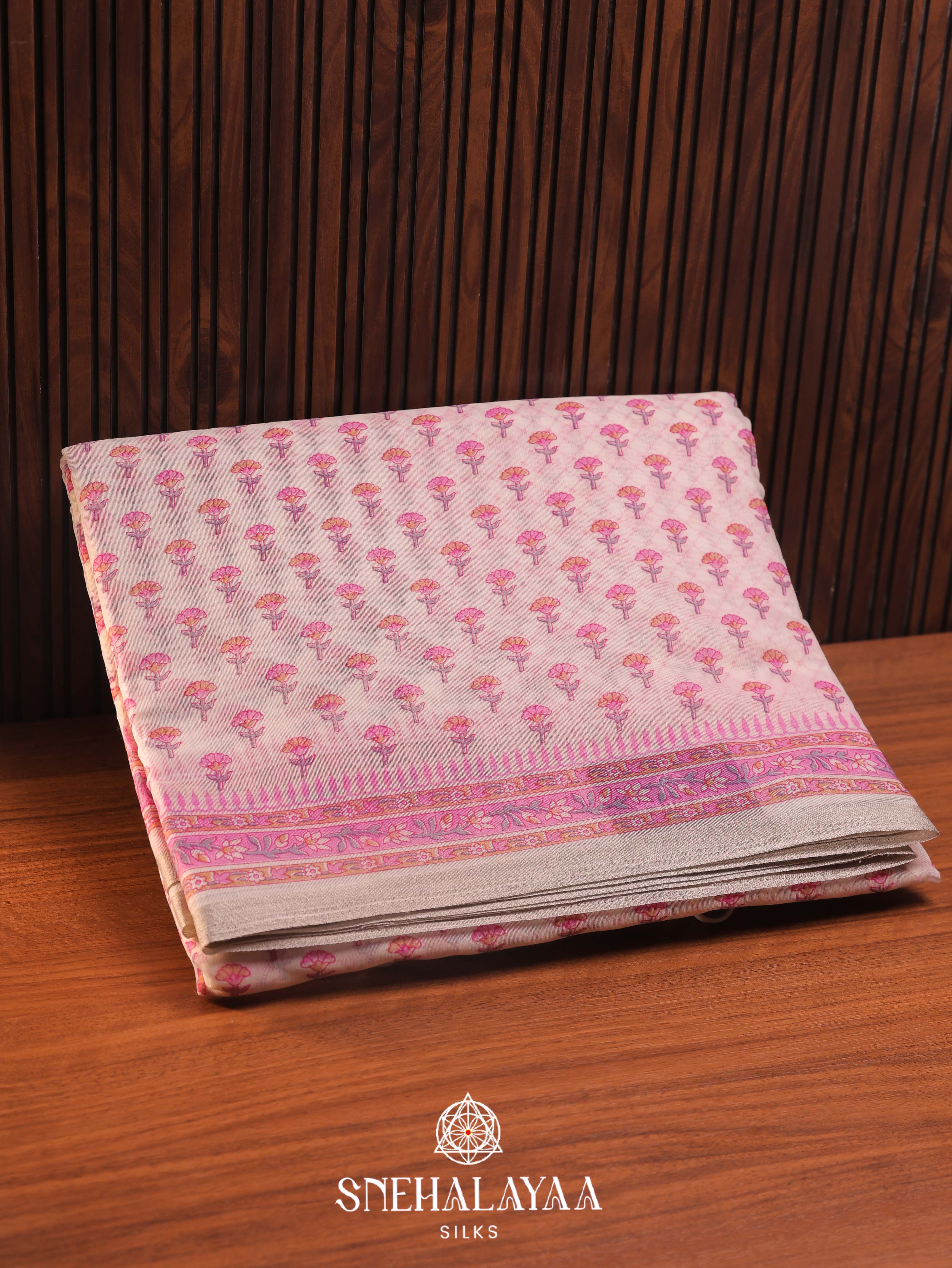 Off White Printed Linen Saree