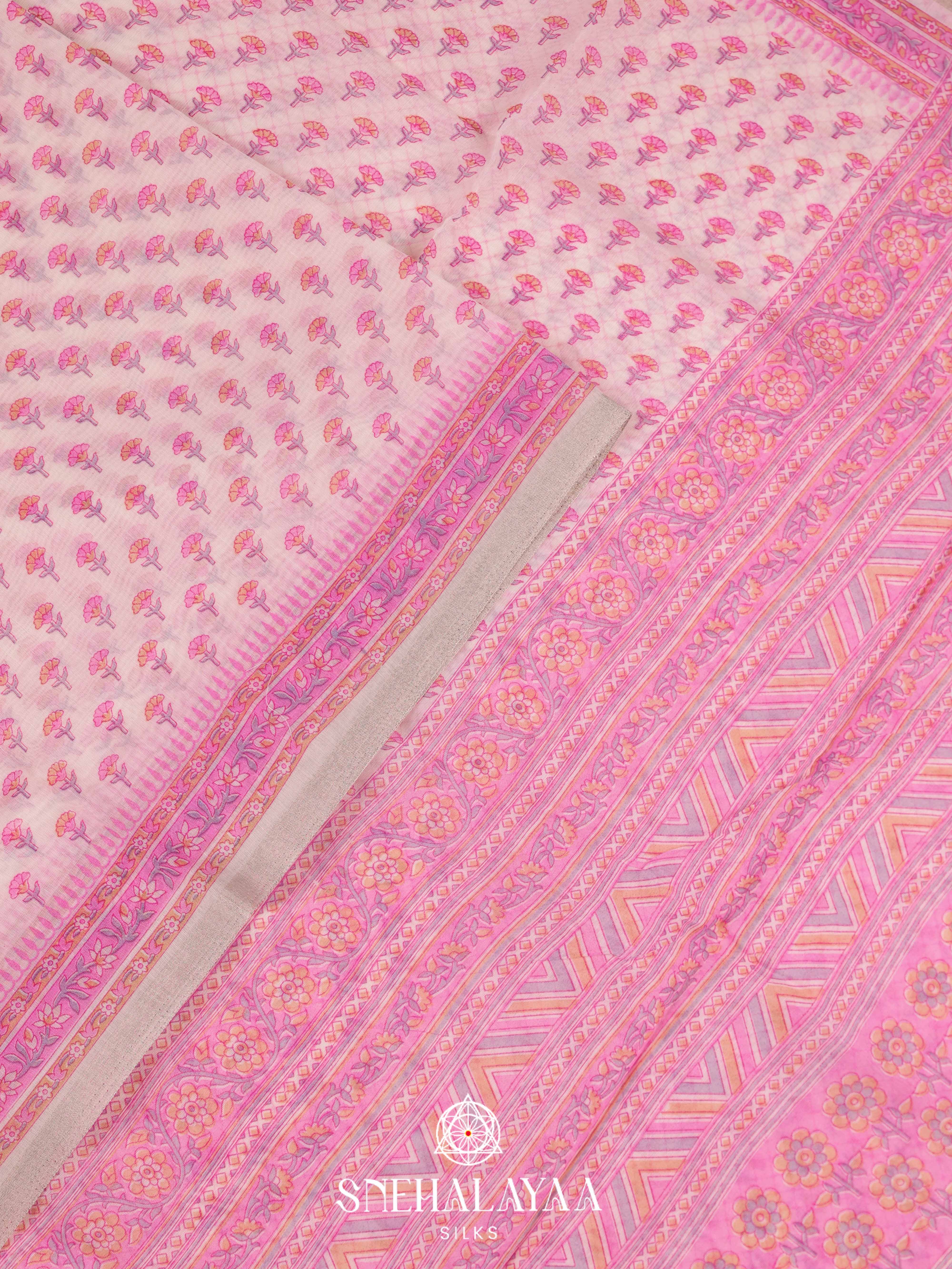 Off White Printed Linen Saree