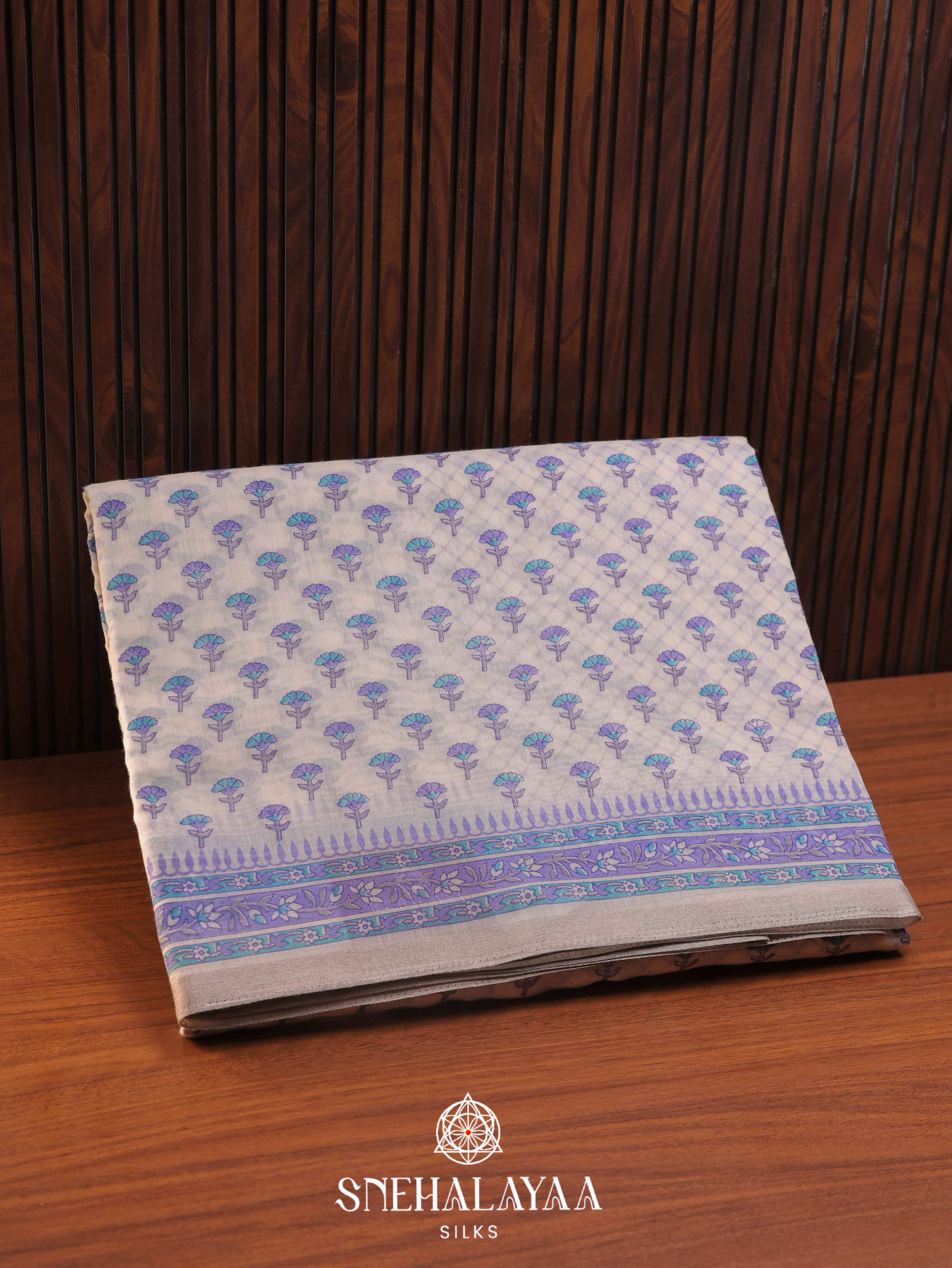 Cream Printed Linen Saree