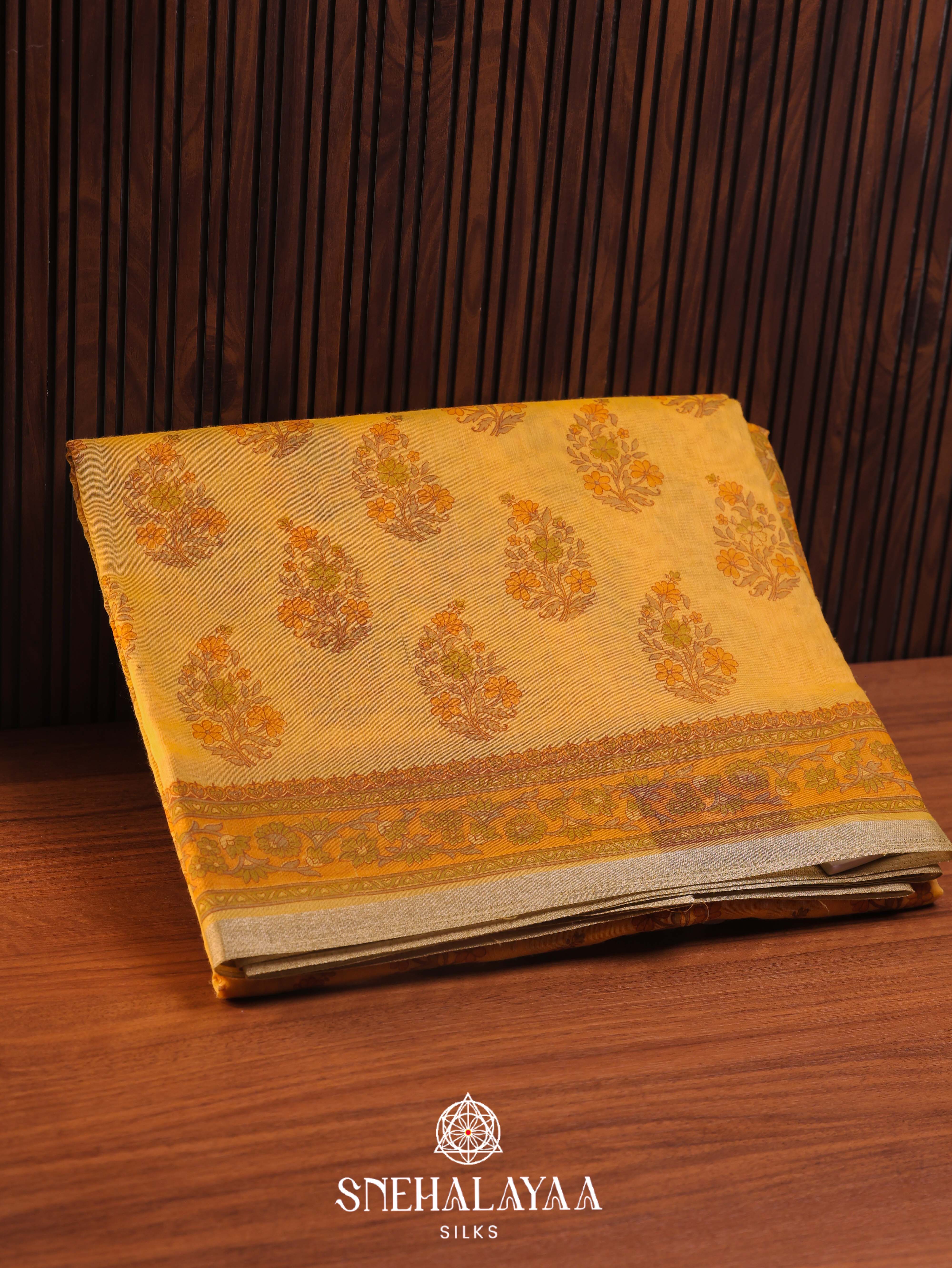 Mango Yelow Printed Linen Saree
