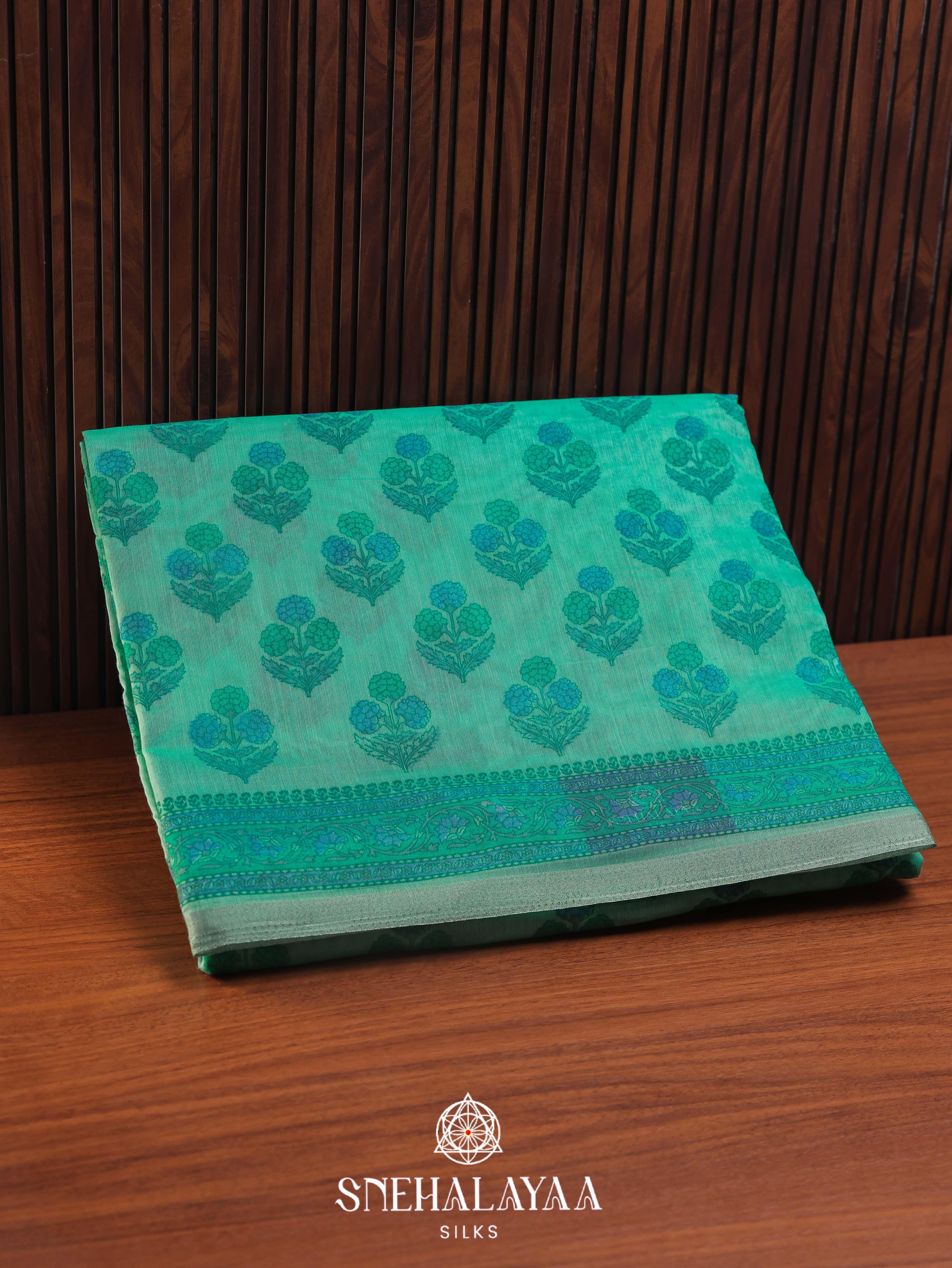 Teal Green Printed Linen Saree