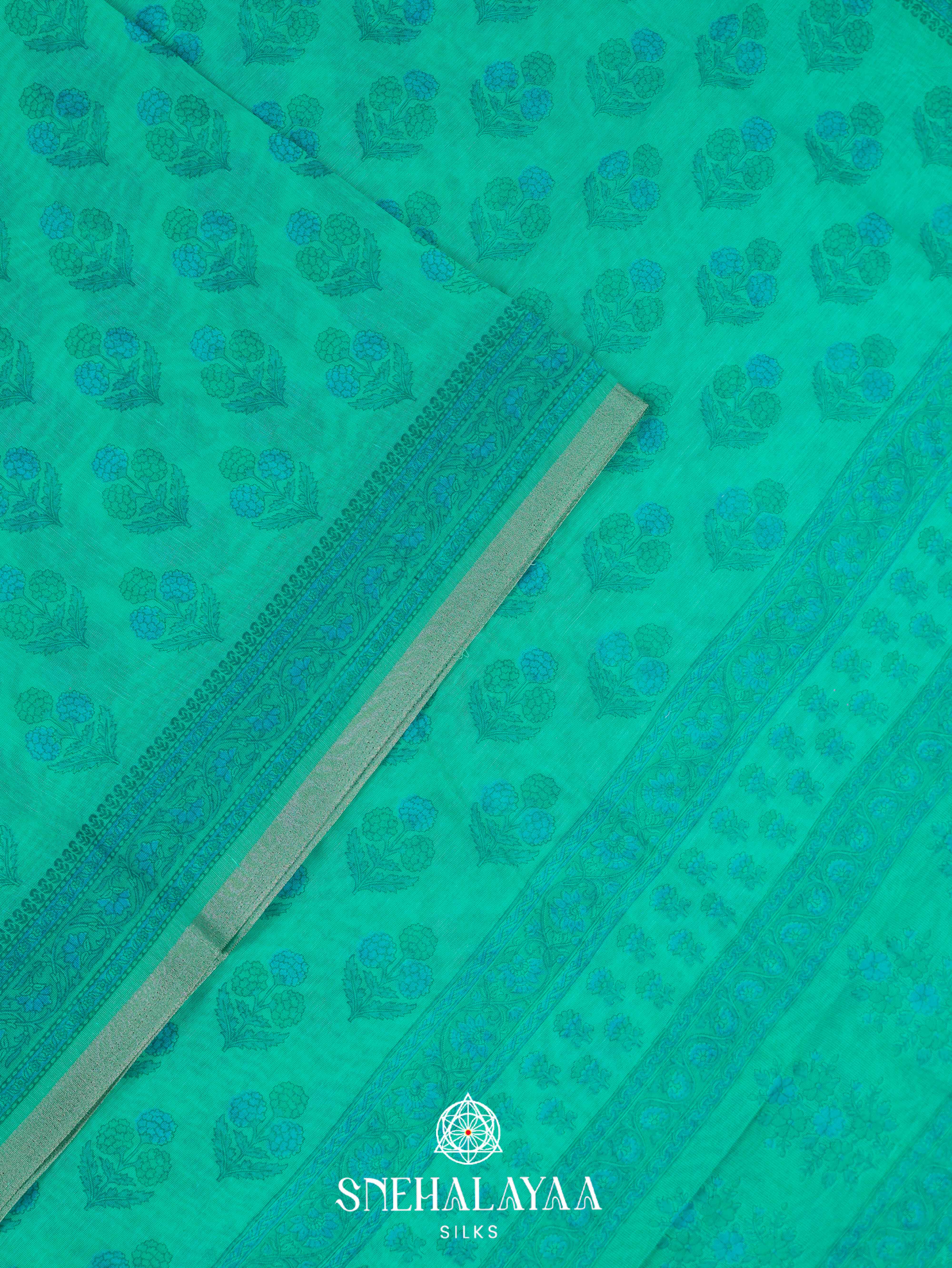 Teal Green Printed Linen Saree