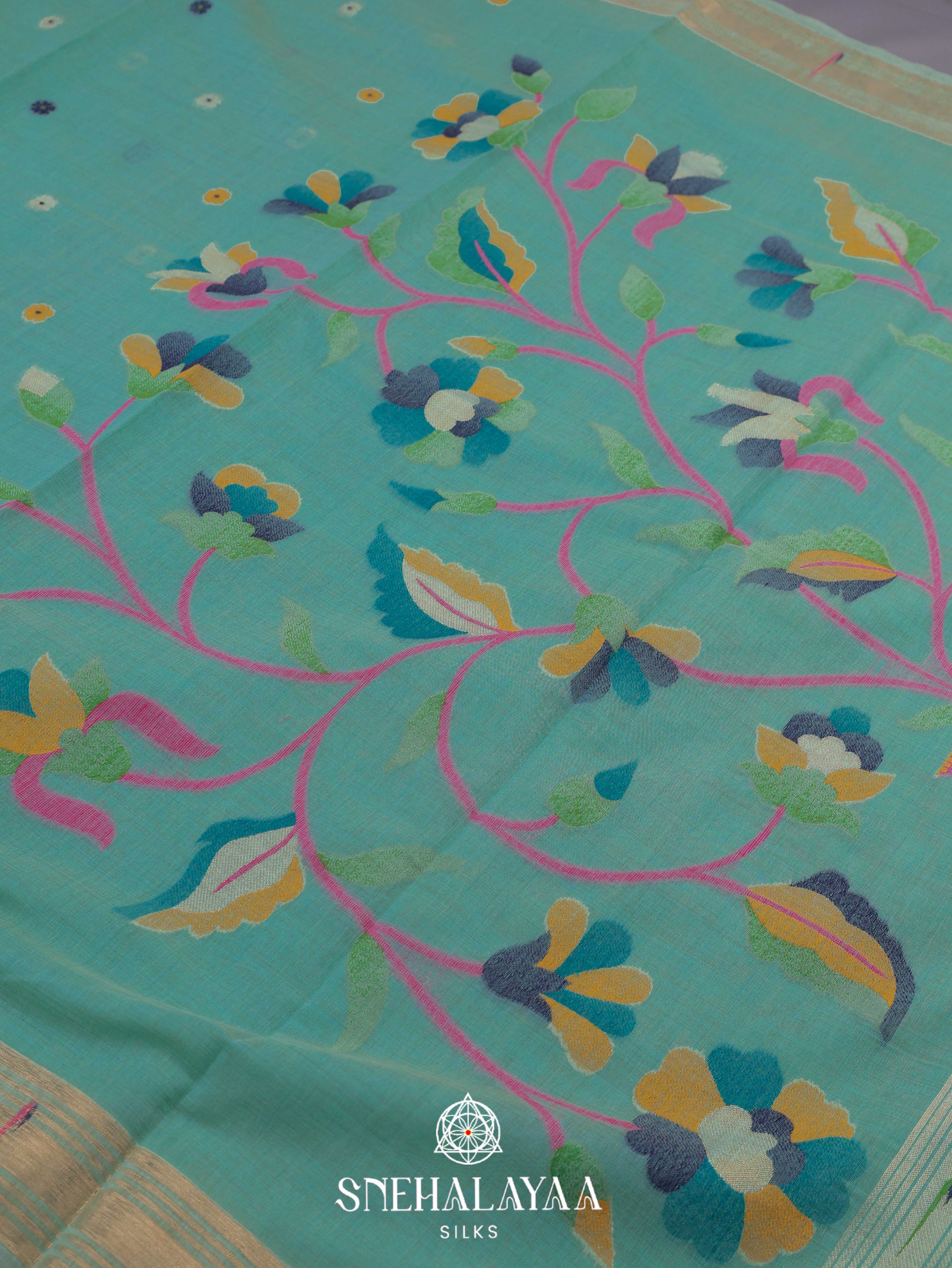 Teal Blue Munga Cotton Saree