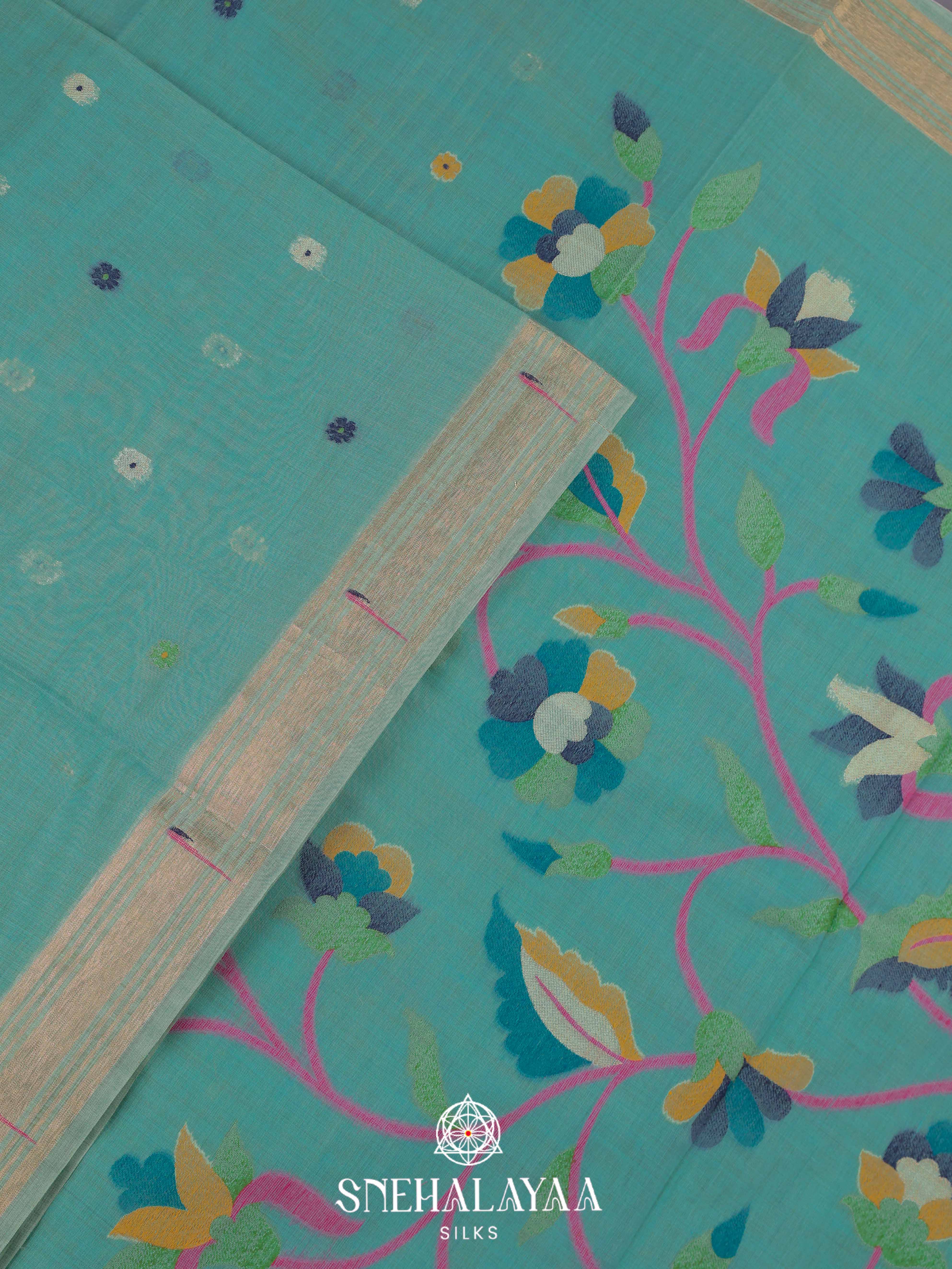 Teal Blue Munga Cotton Saree