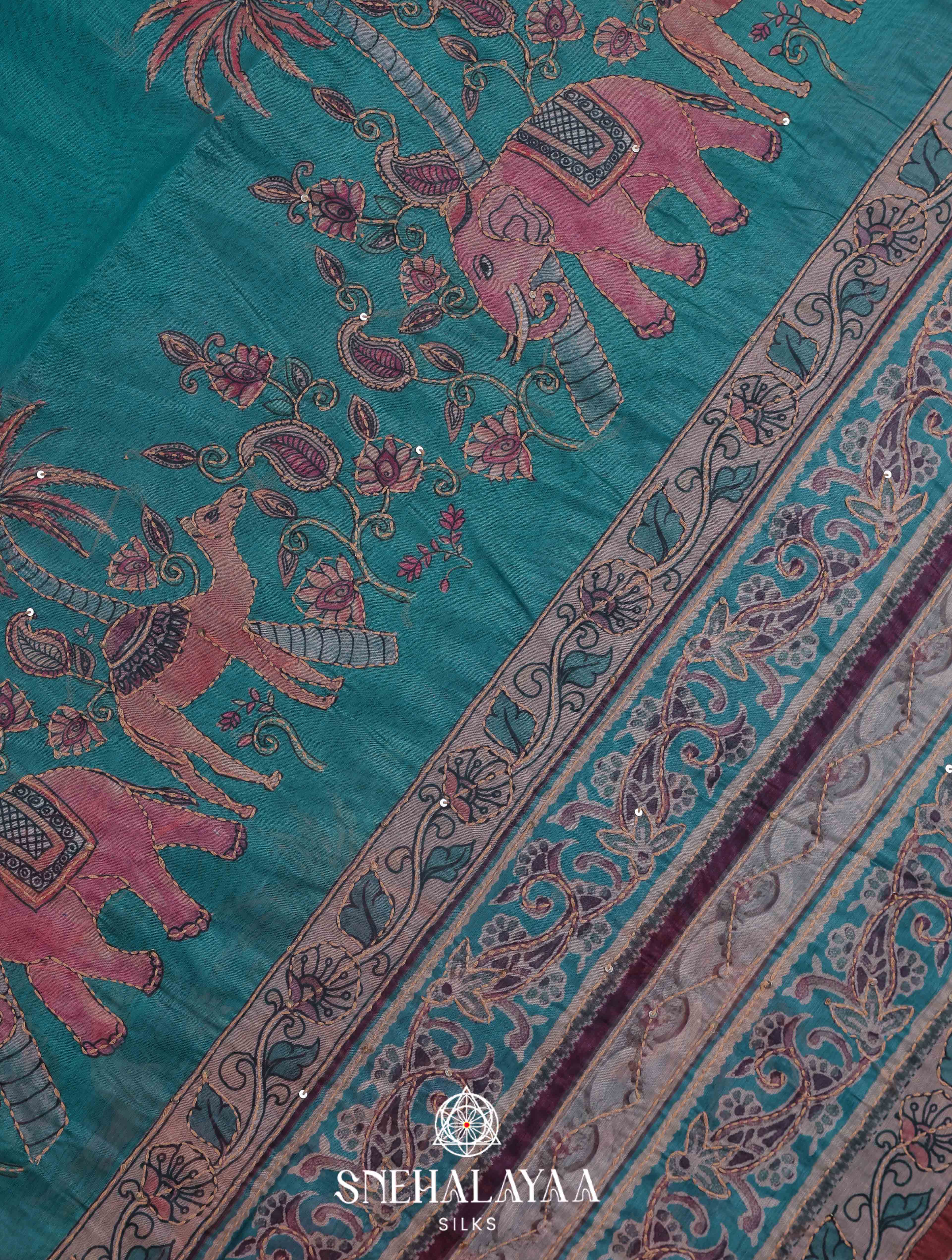 Blue Linen Embroidery Saree
