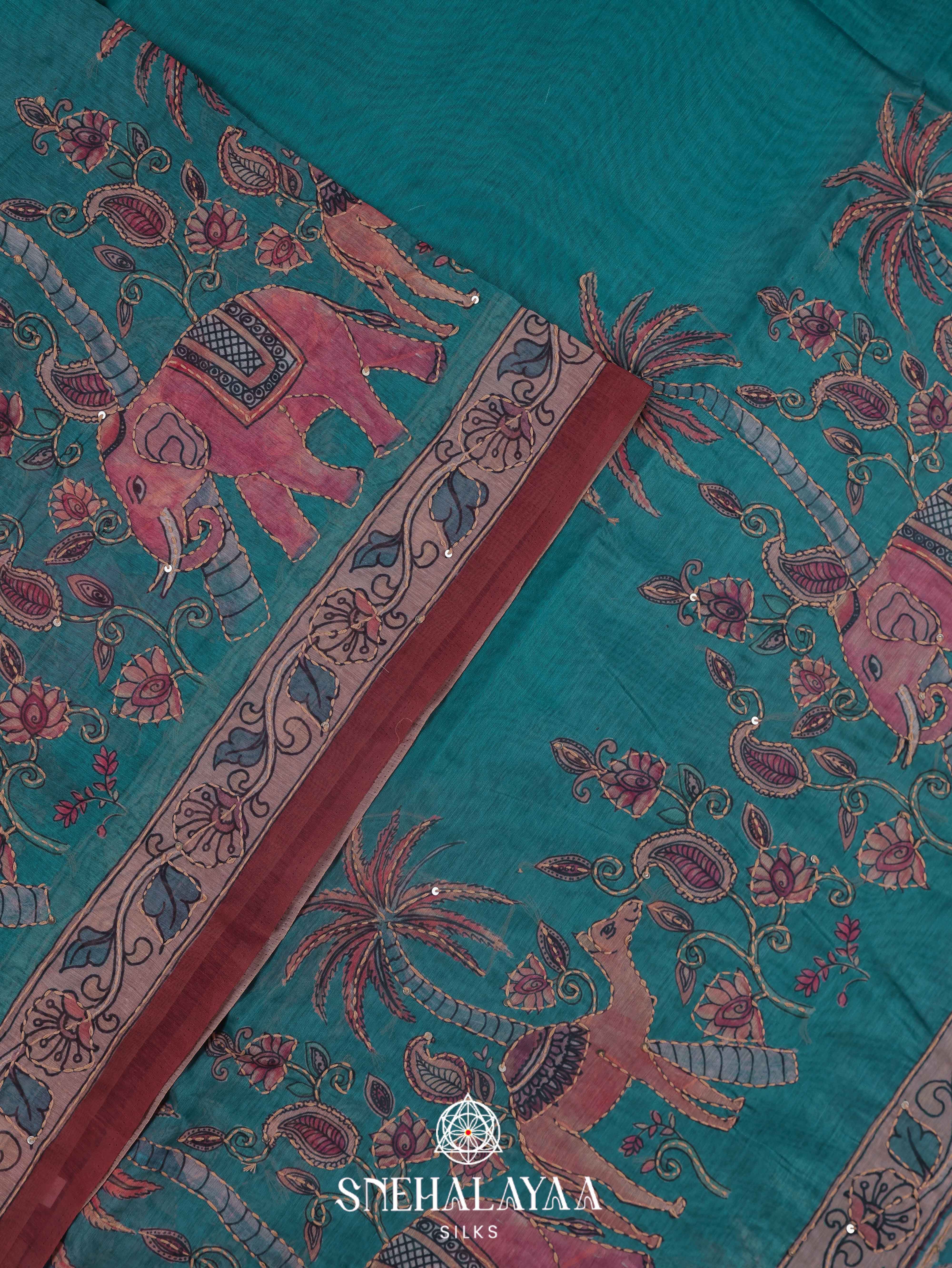 Blue Linen Embroidery Saree