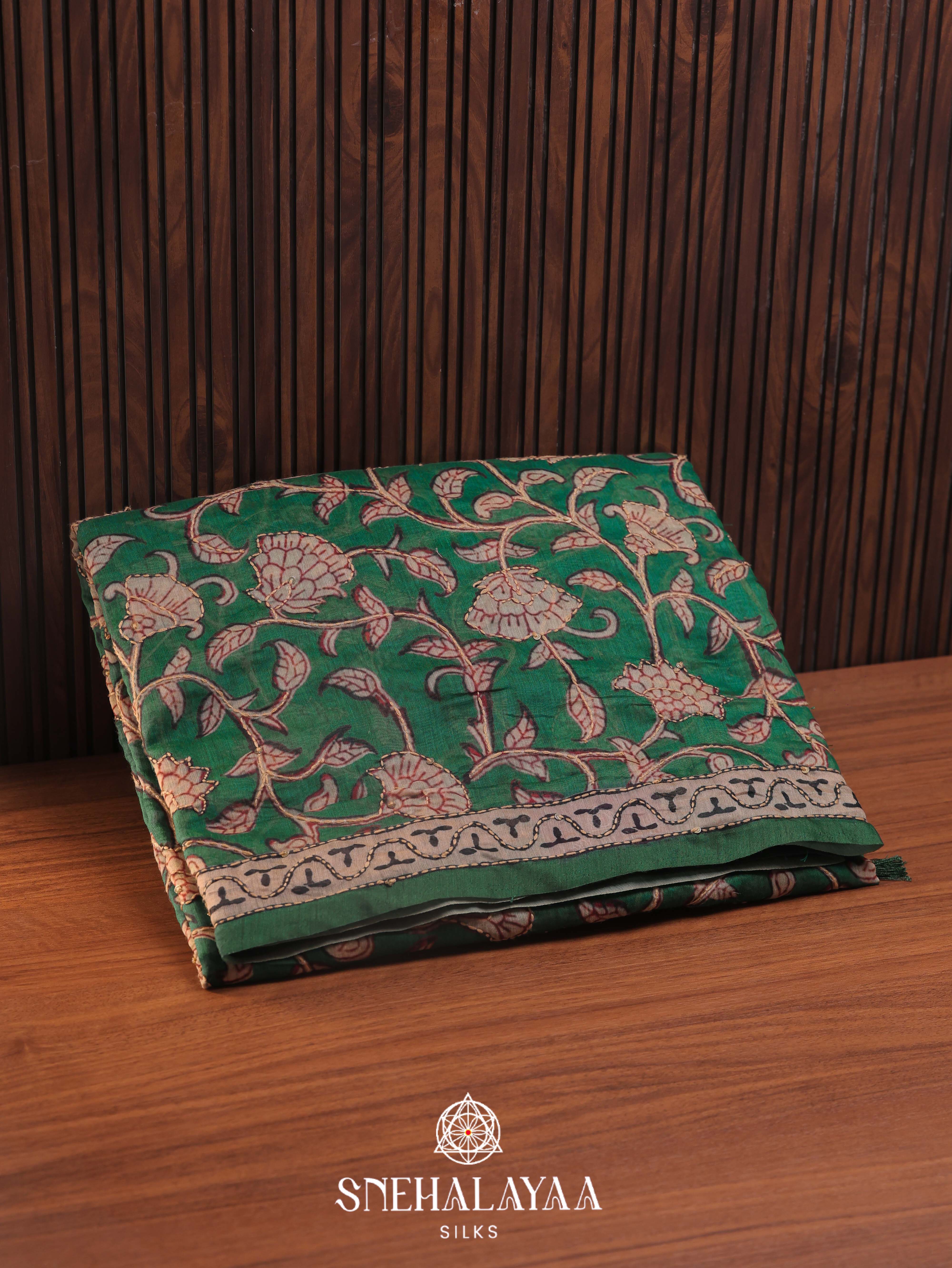 Green Linen Embroidery Saree
