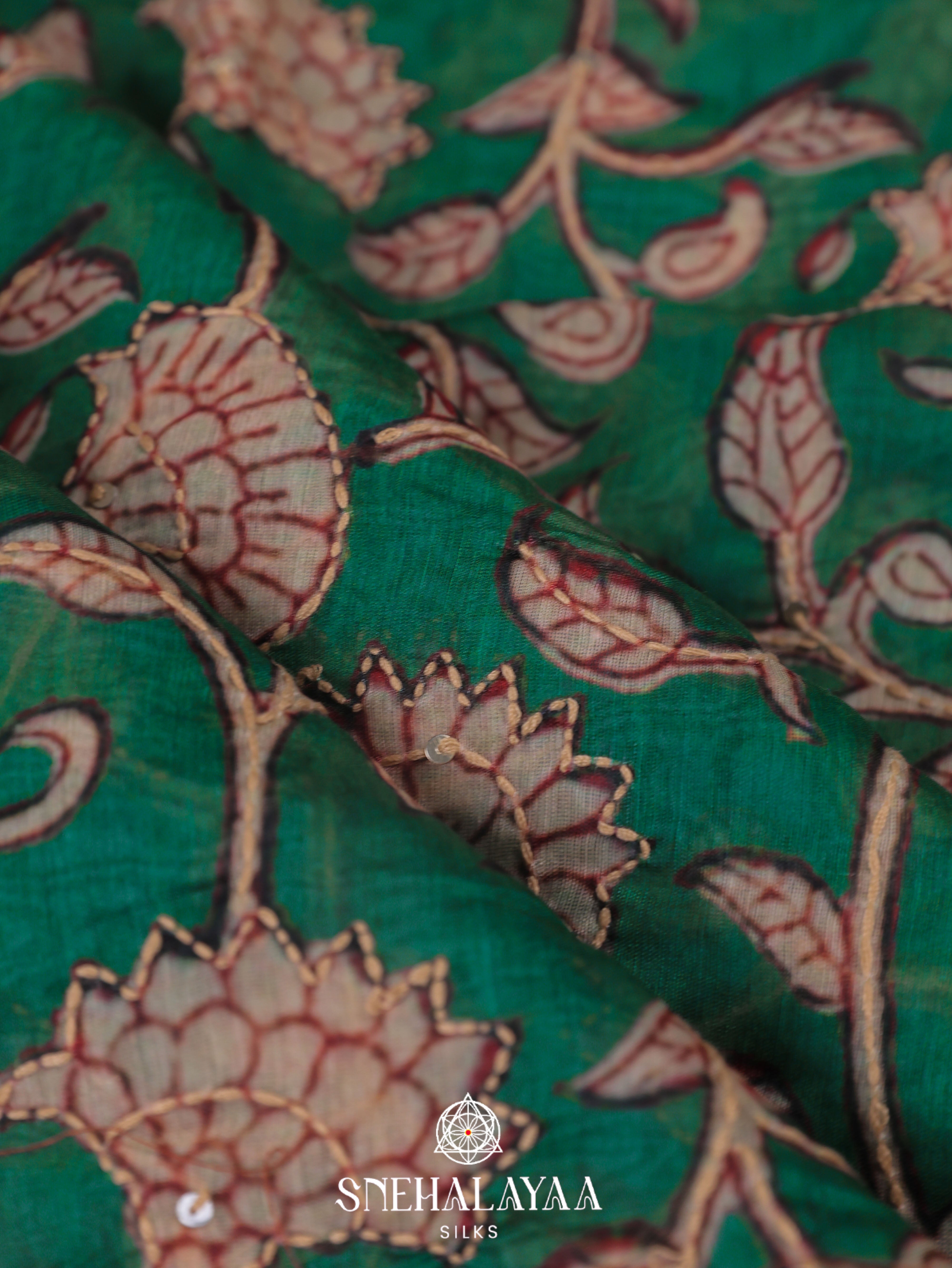 Green Linen Embroidery Saree