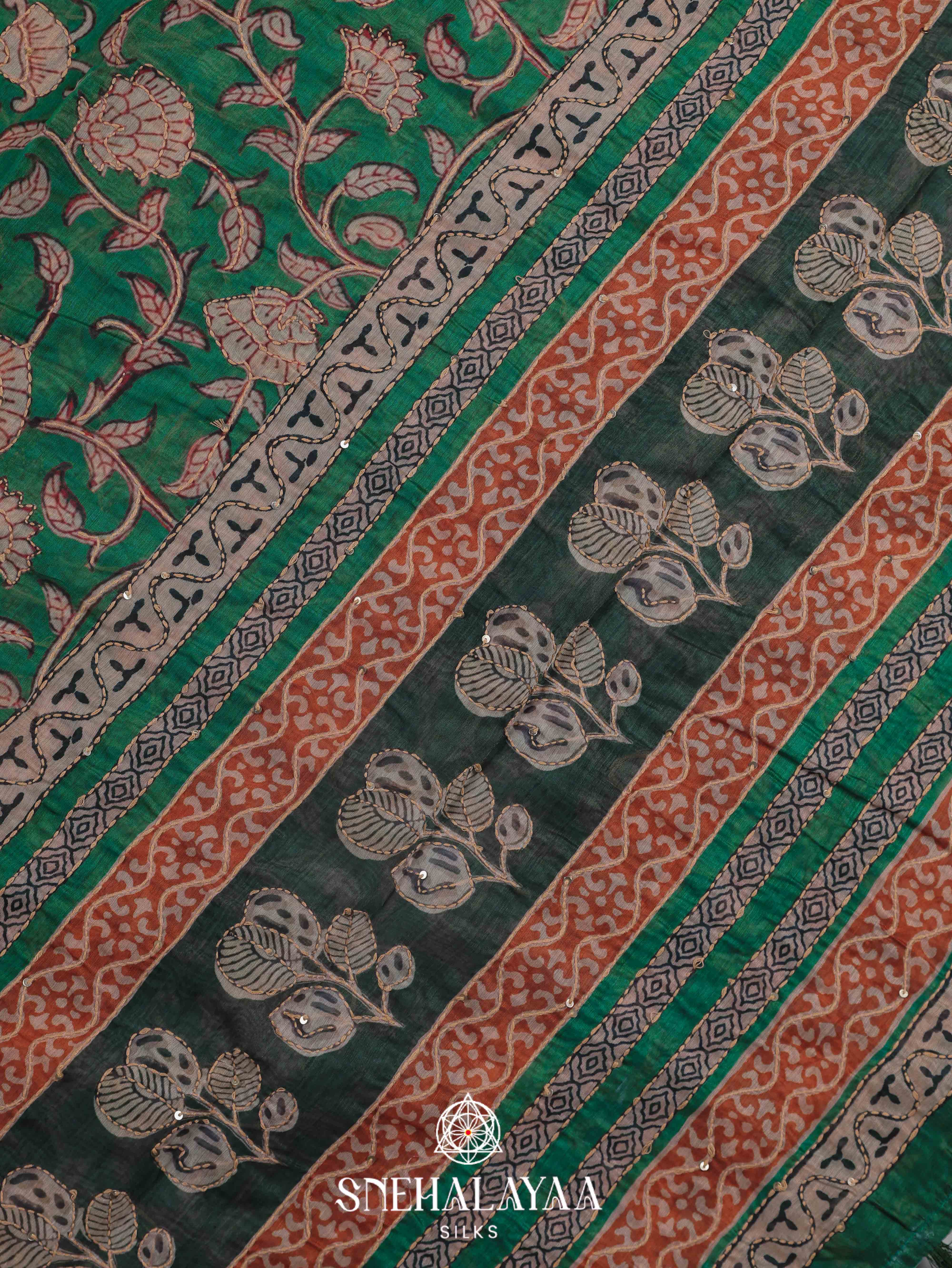 Green Linen Embroidery Saree