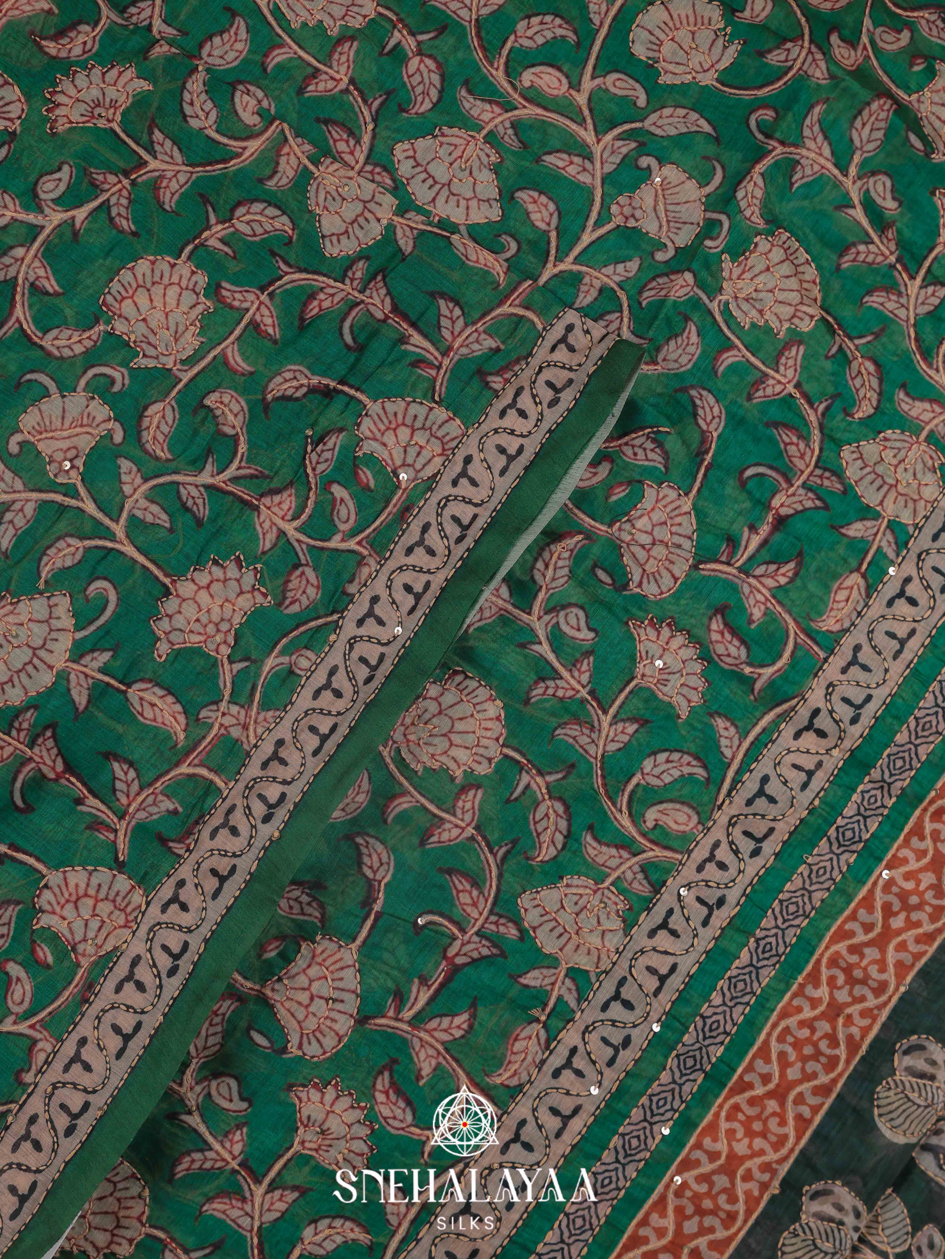 Green Linen Embroidery Saree