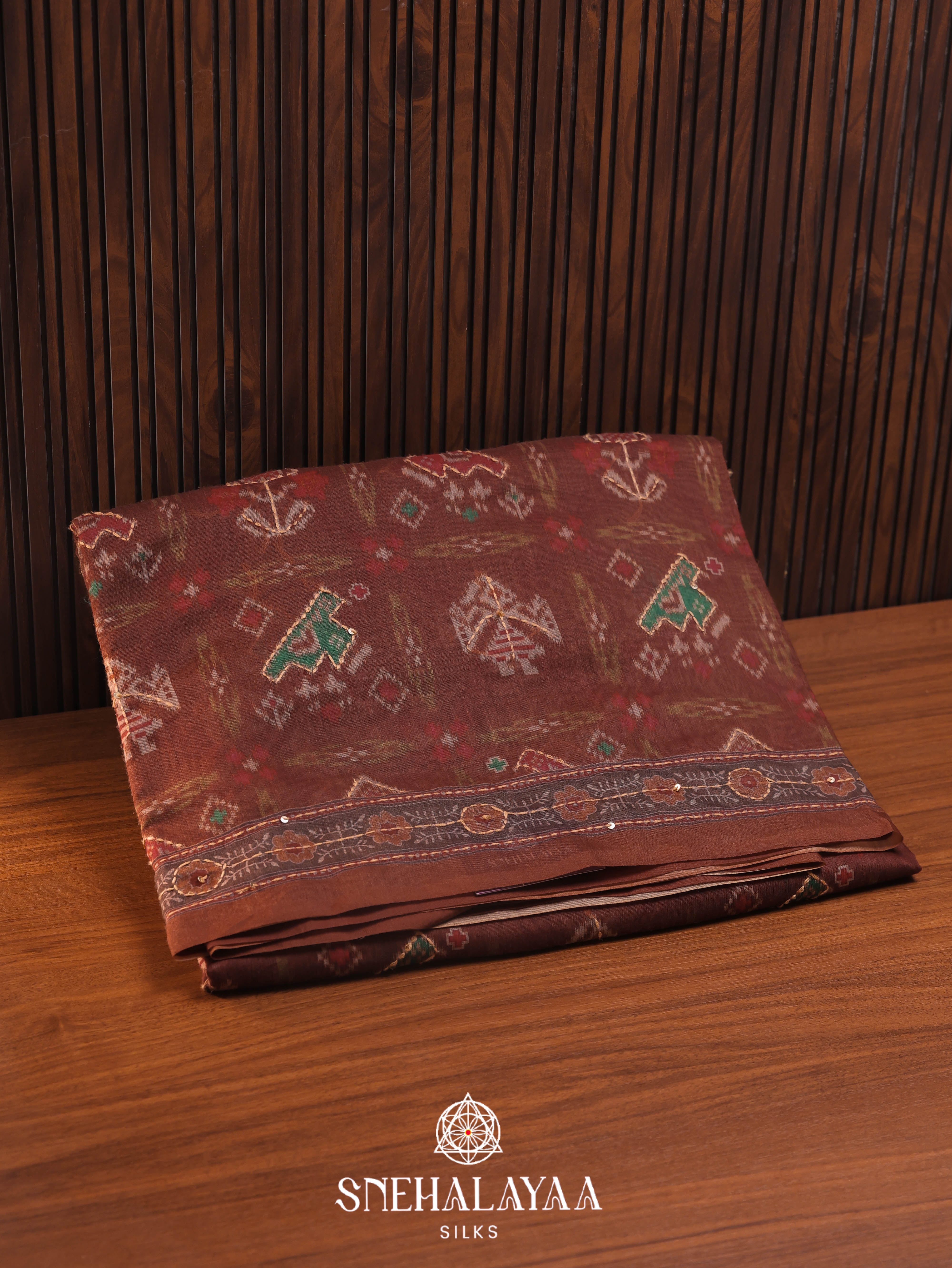 Brown Linen Embroidery Saree