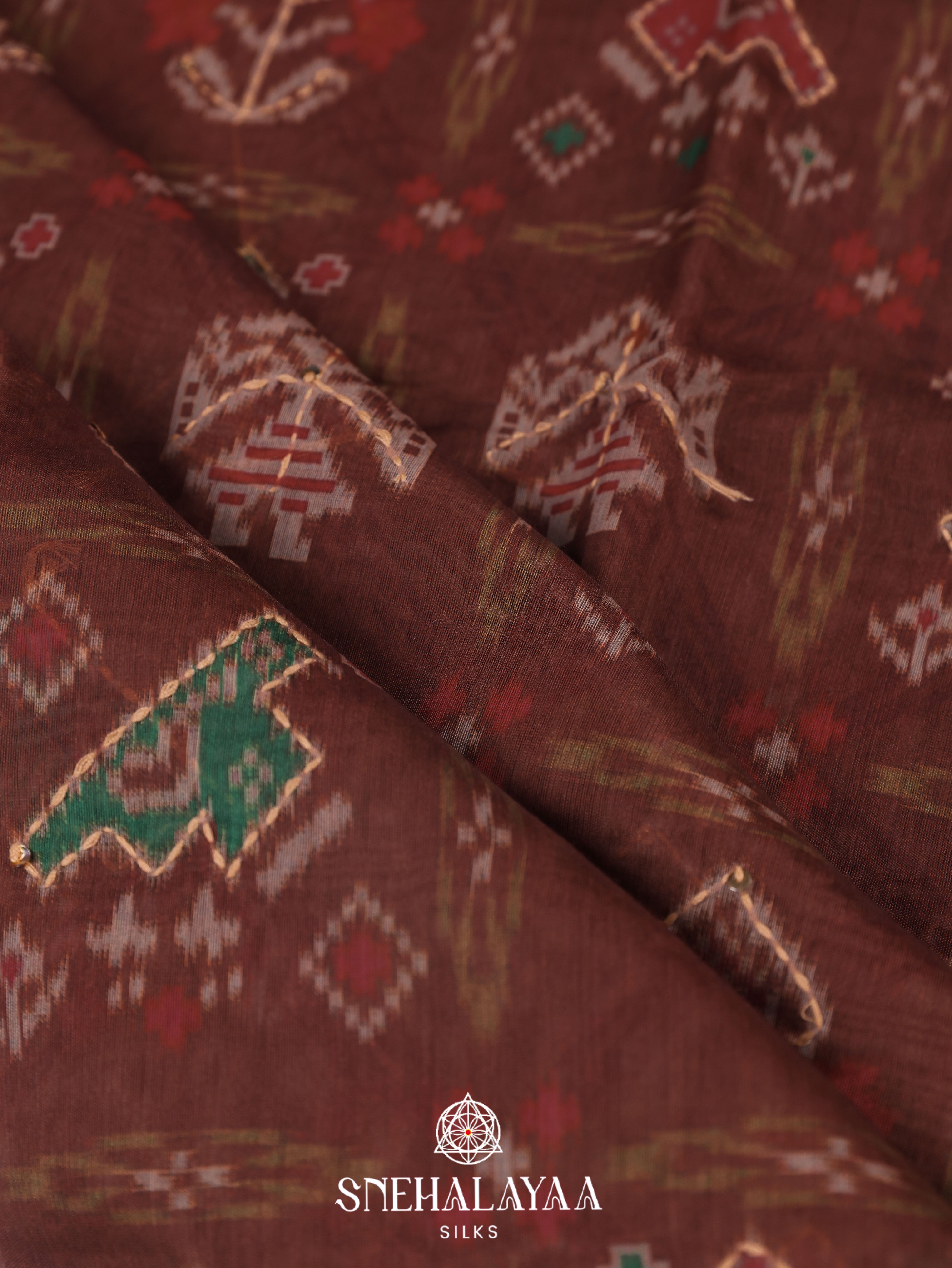 Brown Linen Embroidery Saree