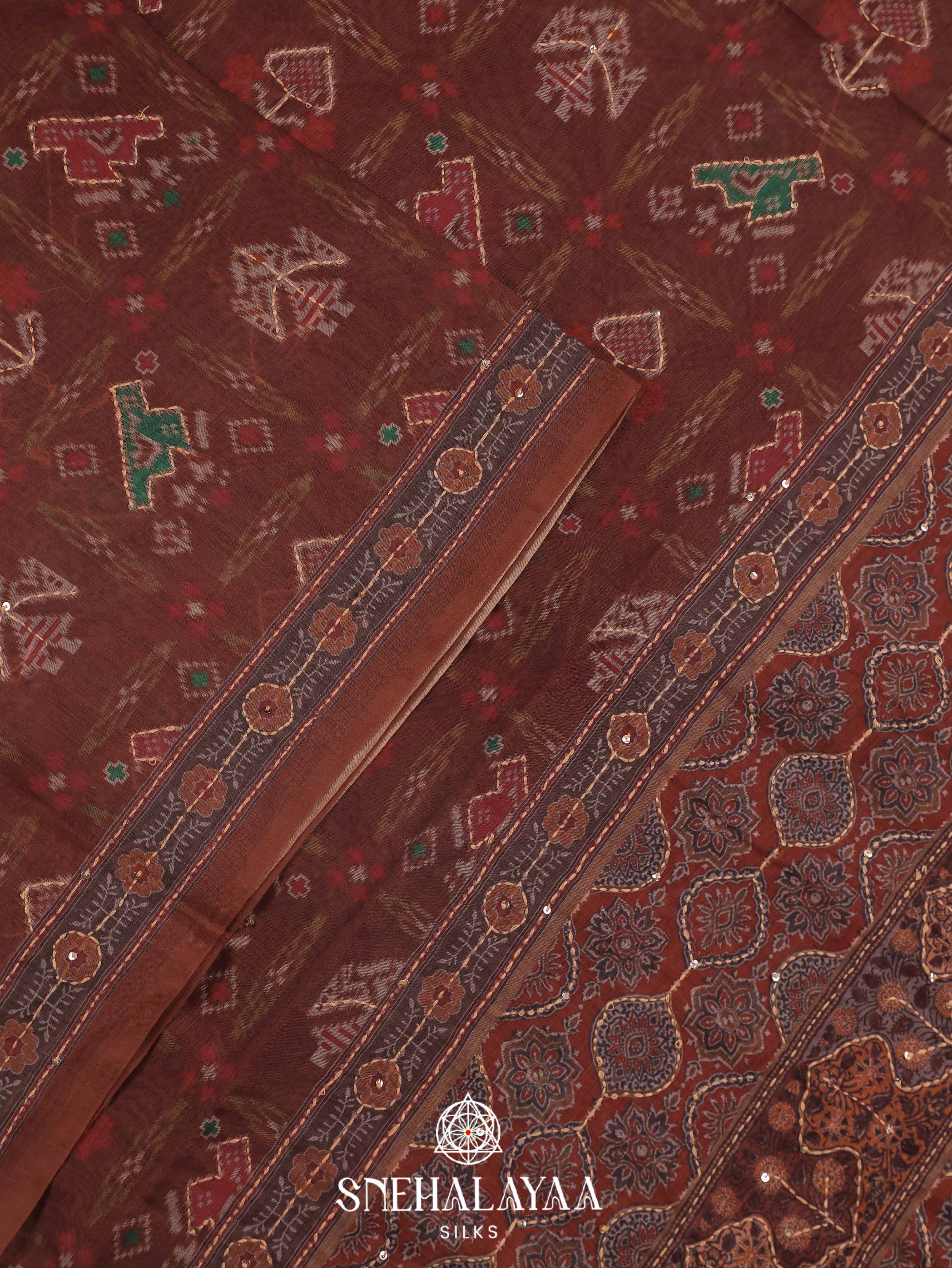Brown Linen Embroidery Saree
