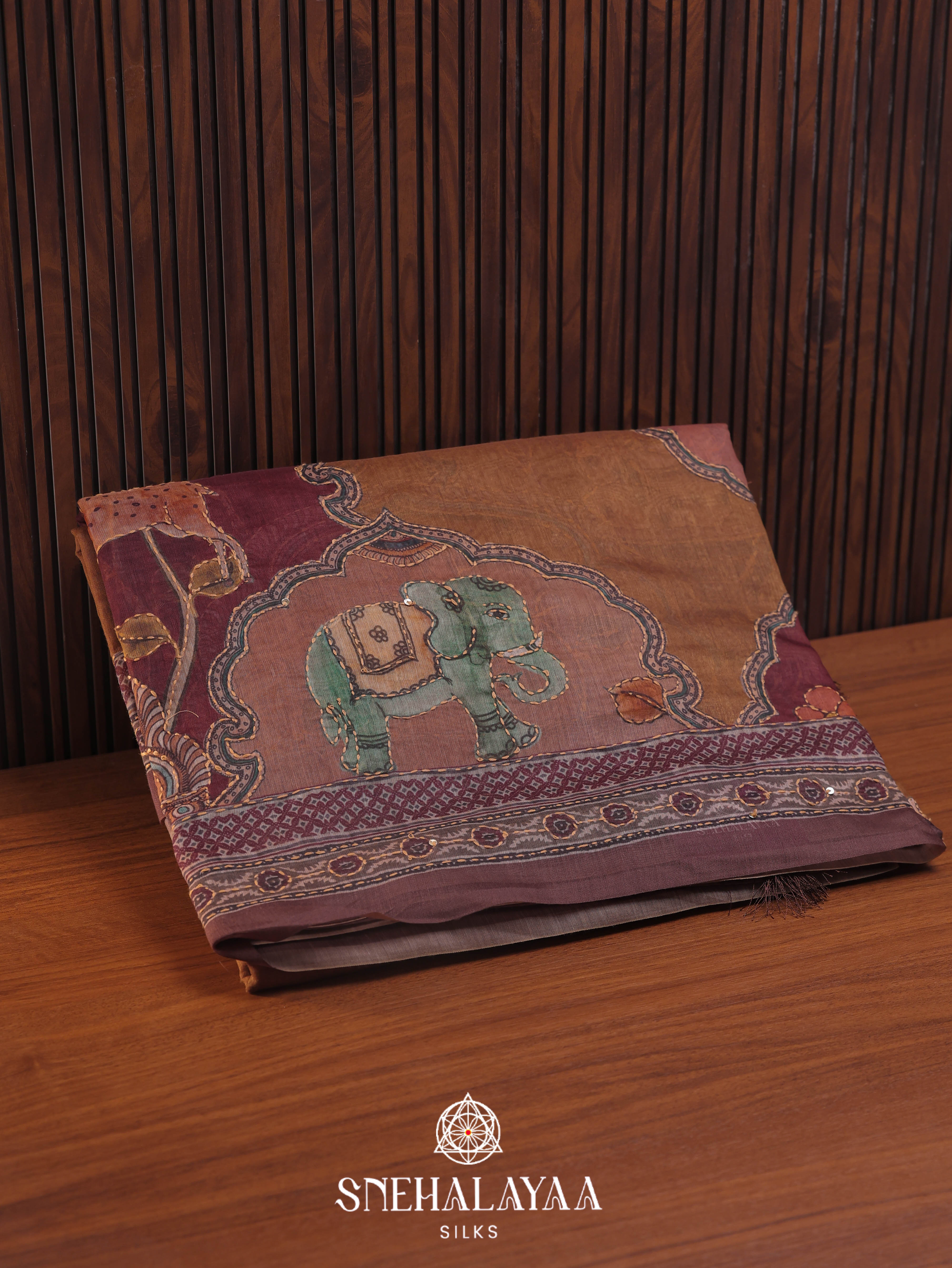 Brown Linen Embroidery Saree