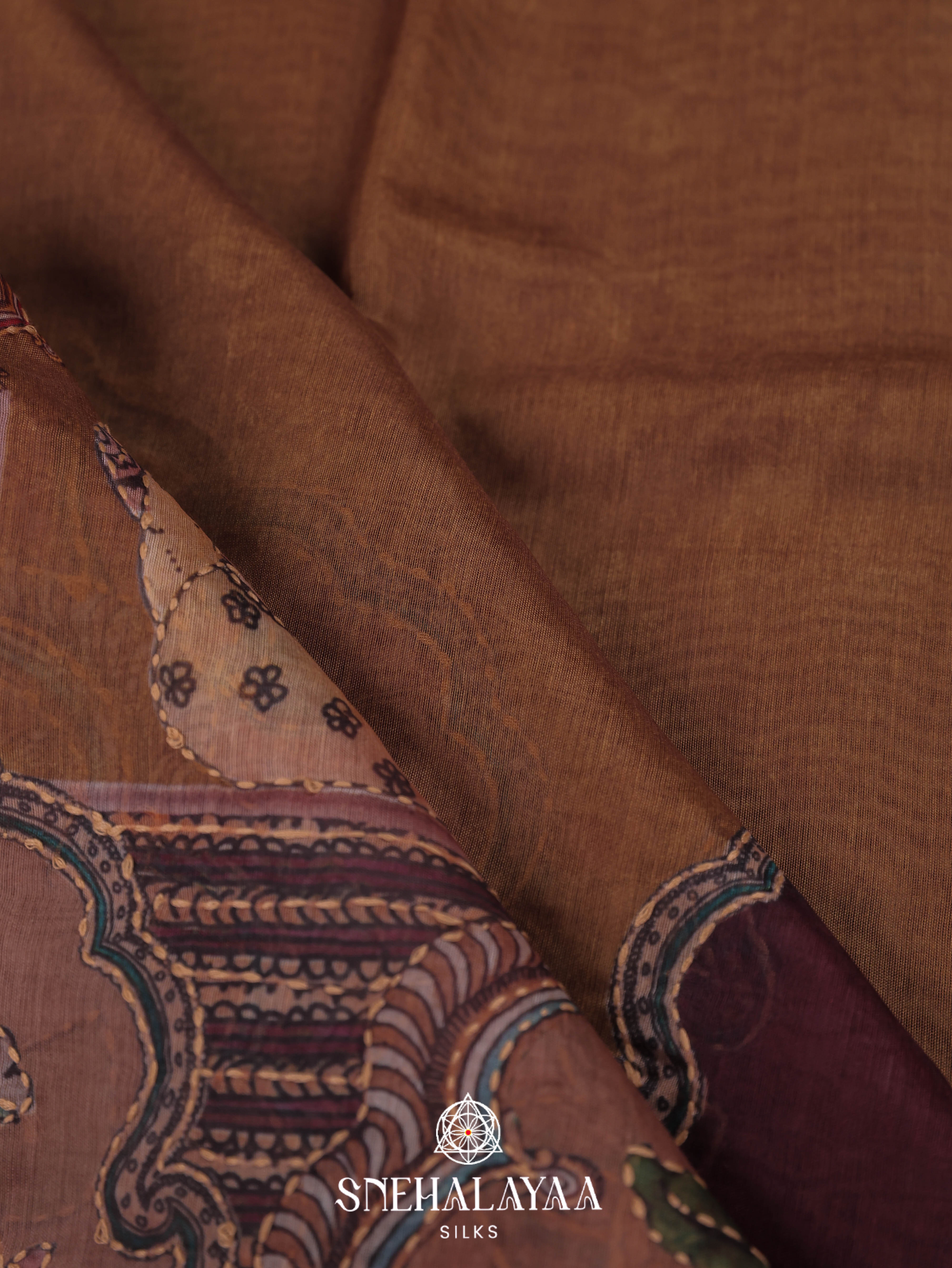 Brown Linen Embroidery Saree