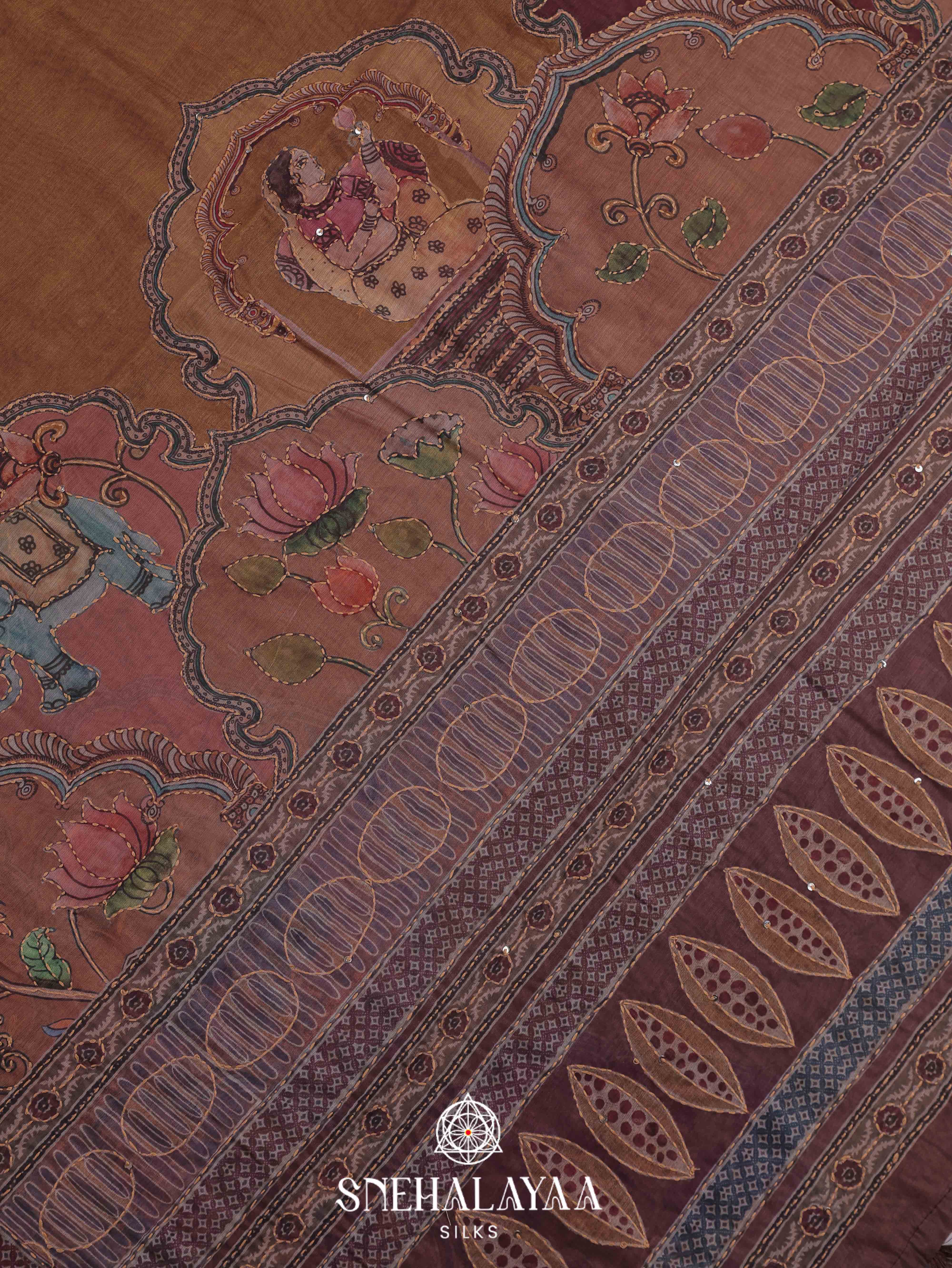 Brown Linen Embroidery Saree