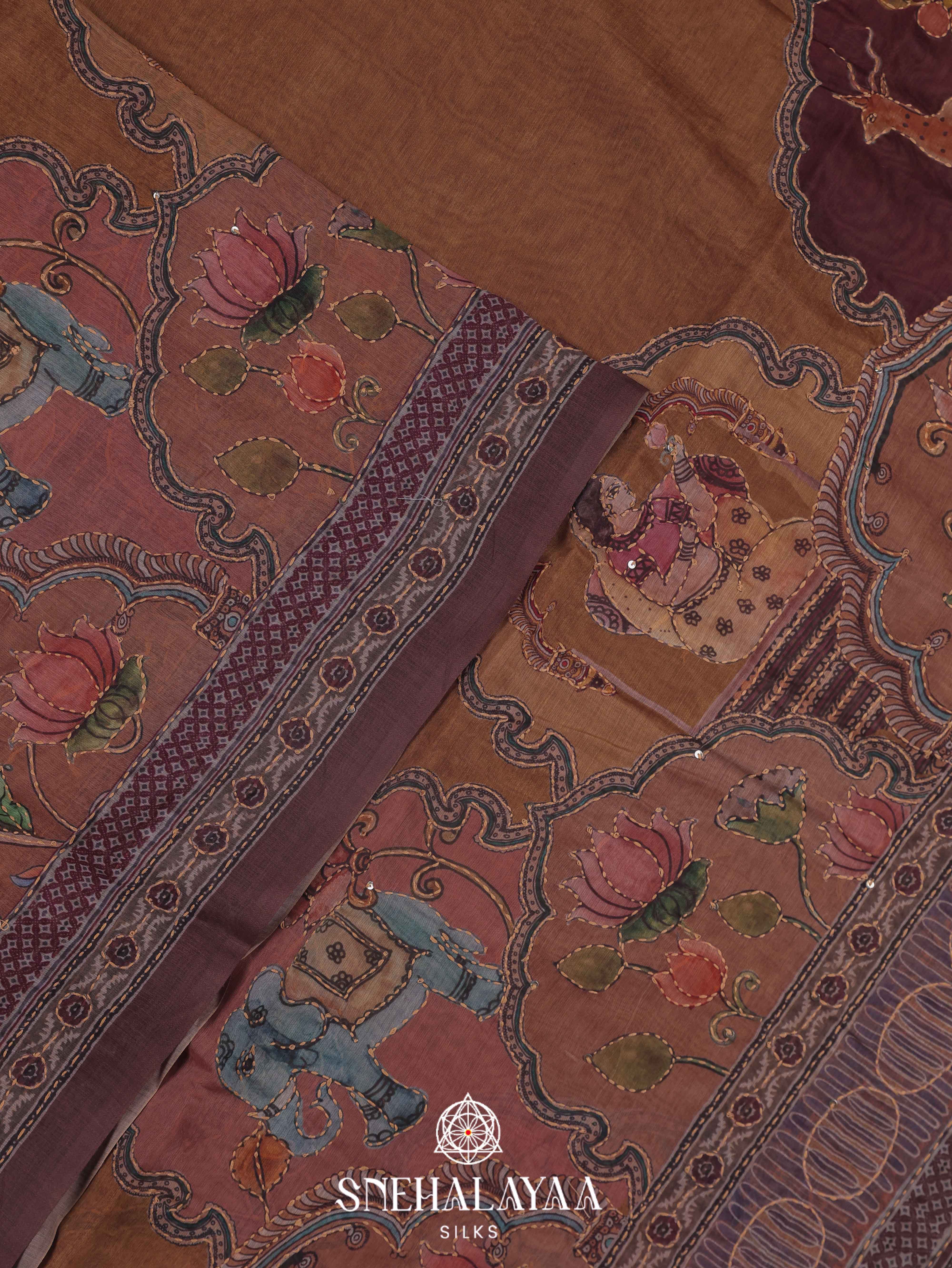 Brown Linen Embroidery Saree